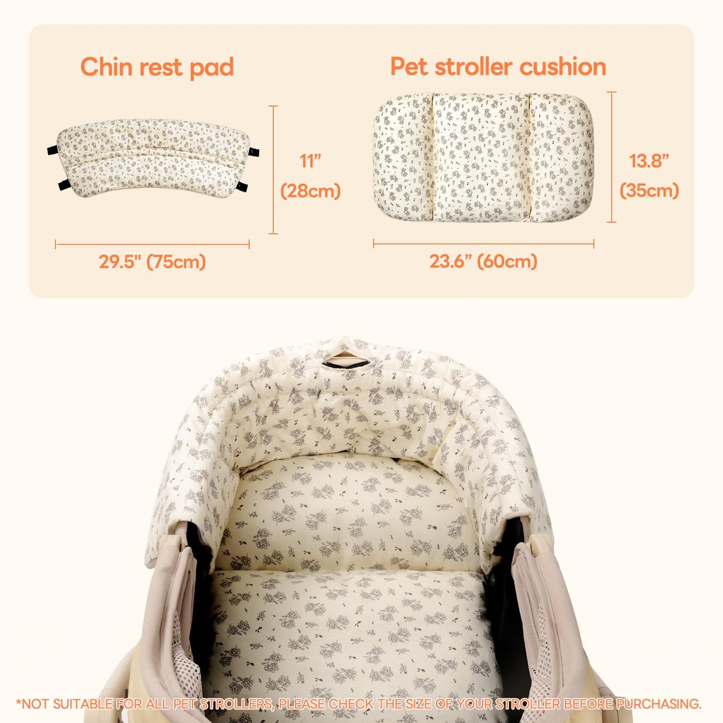 Dog Stroller Cushion & Mat, Pet Stroller Cushion for Dogs & Cats, 5-Level Waterproof & Removable Inner Core, Dog-Ergonomic 3-Zone Support, 4-inch Thickness (Flower Set)