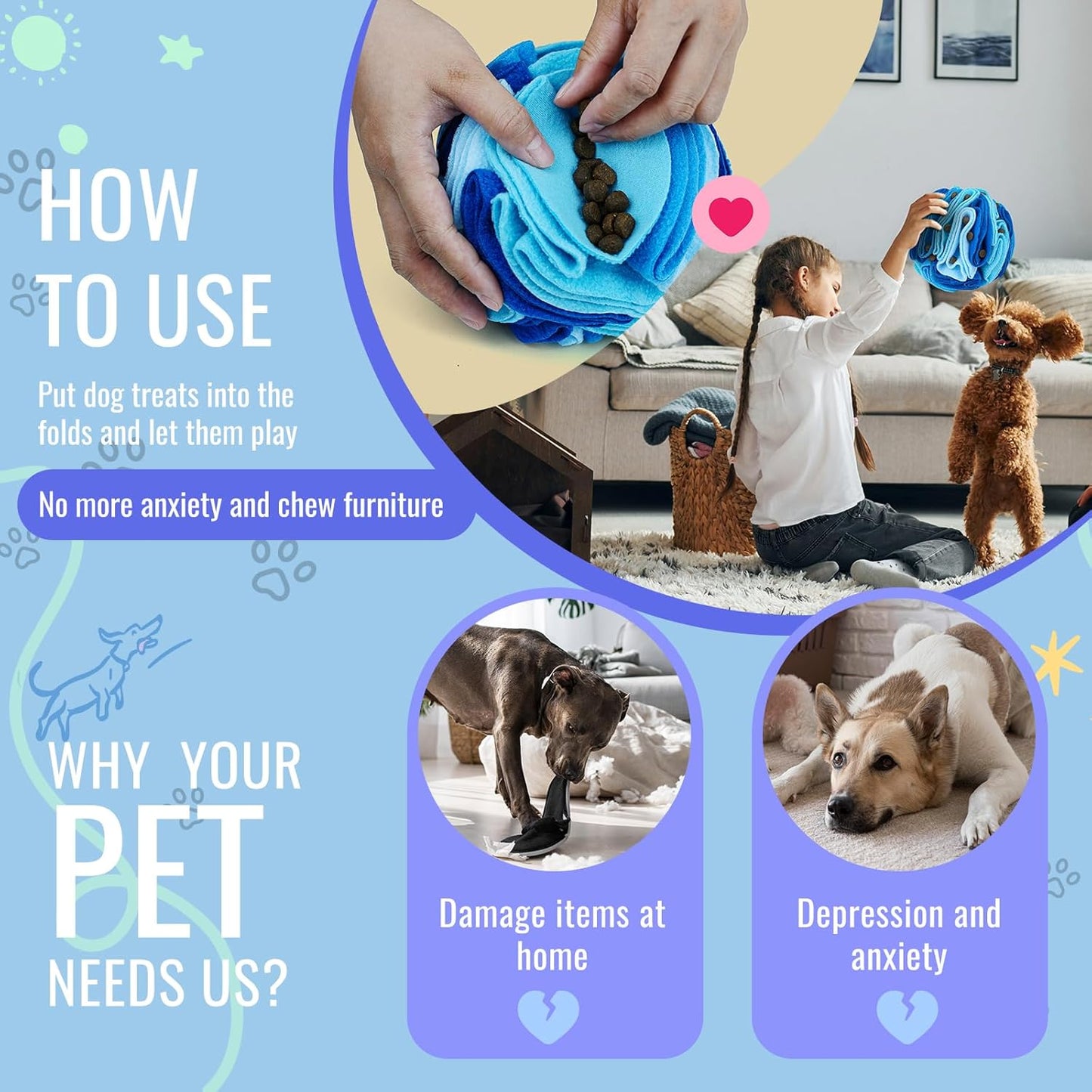 Pet Snuffle Ball, Puzzle Sniffing Interactive Dog Ball for Blind Dogs Training Stress Relief Dog Enrichment Toys Treat Machine Washable (20cm, Ocean Blue)