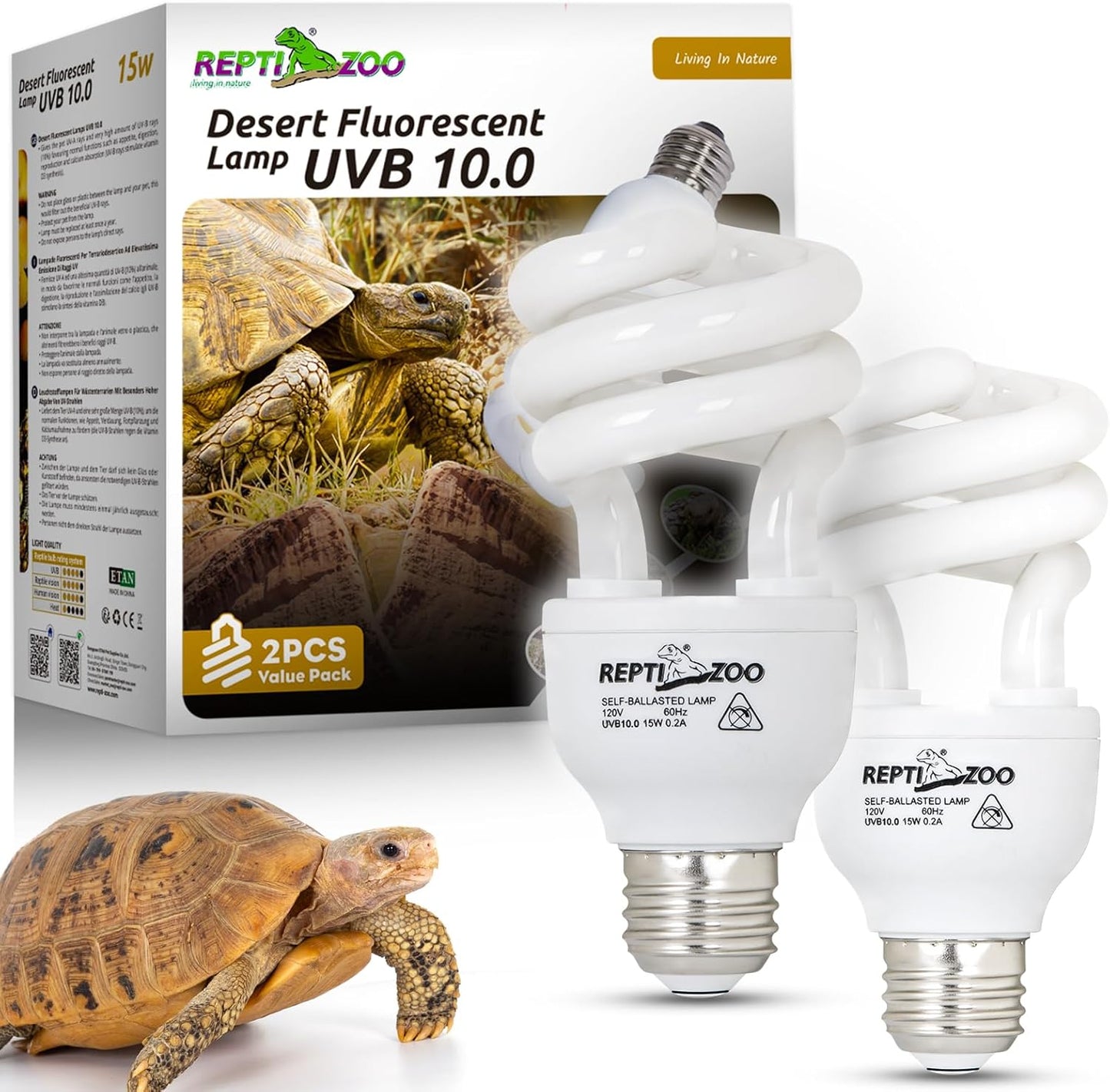 REPTI ZOO UVB Light for Desert Reptile 2 Pack, 10.0 15W UVA UVB Reptile Light Bulb, UVB Lamp for Bearded Dragons Tortoises Lizards Snakes