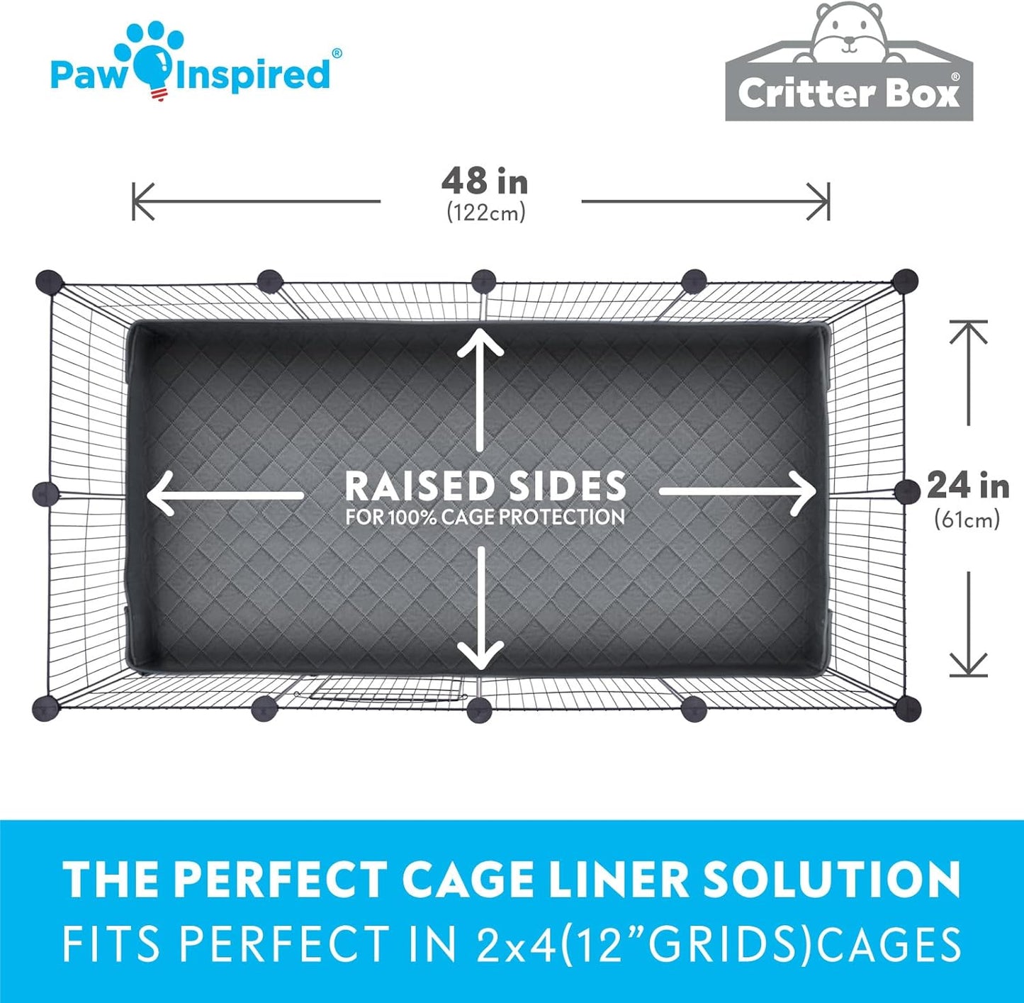 Paw Inspired Critter Box Washable Cage Liner, Reversible Fleece Bedding with Raised Sides for Guinea Pigs and Other Small Animals (2x4 (12" Grids), Gray/Green)