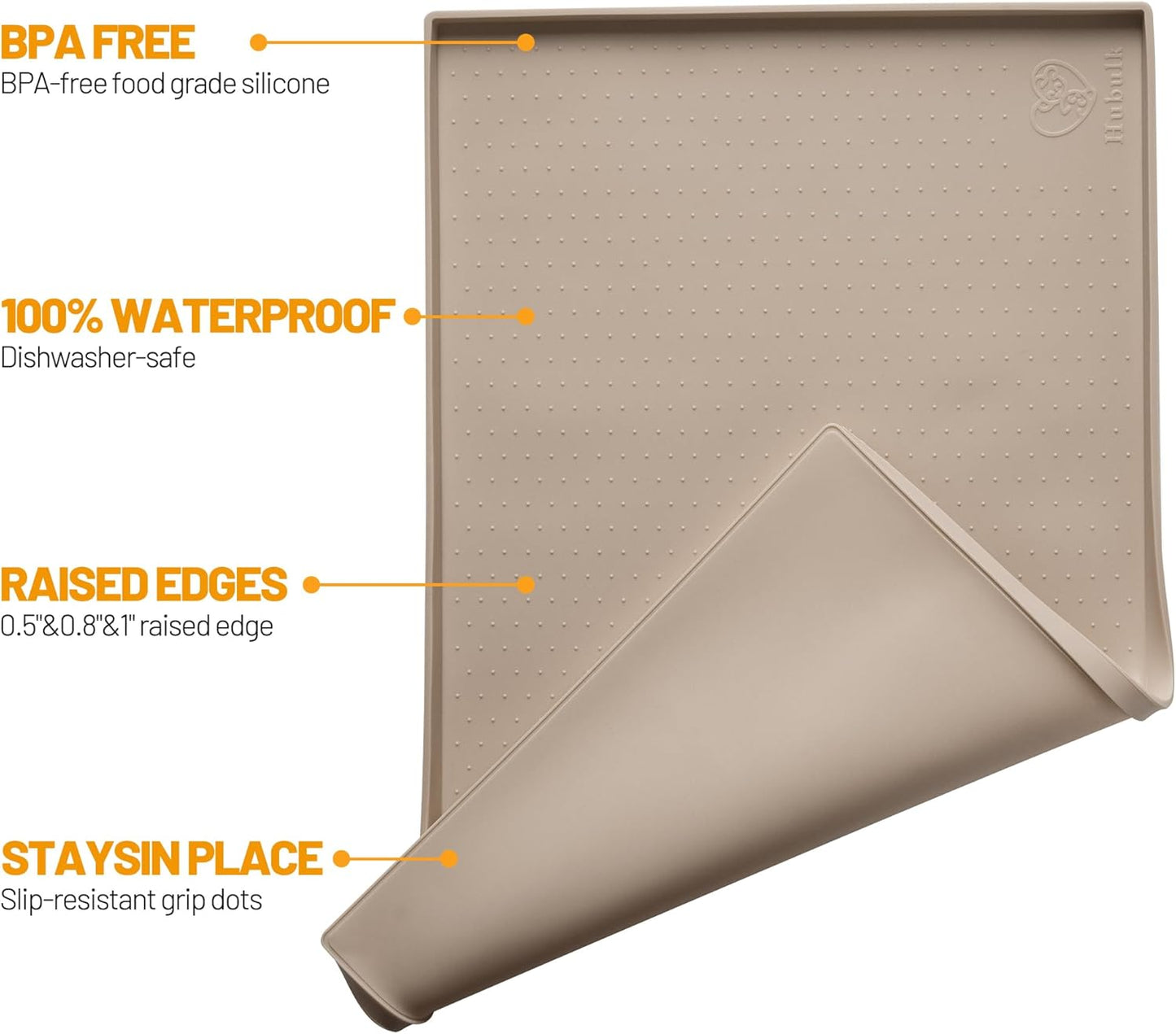 Hubulk Dog Feeding Mat,100% Waterproof Food Grade Silicone Pet Food and Water Bowl Placemat,Dishwasher, High Raised Edge to Prevent Spills,Nonslip Tray to Stop Messes on Floor（28"x18"x0.8", Taupe）
