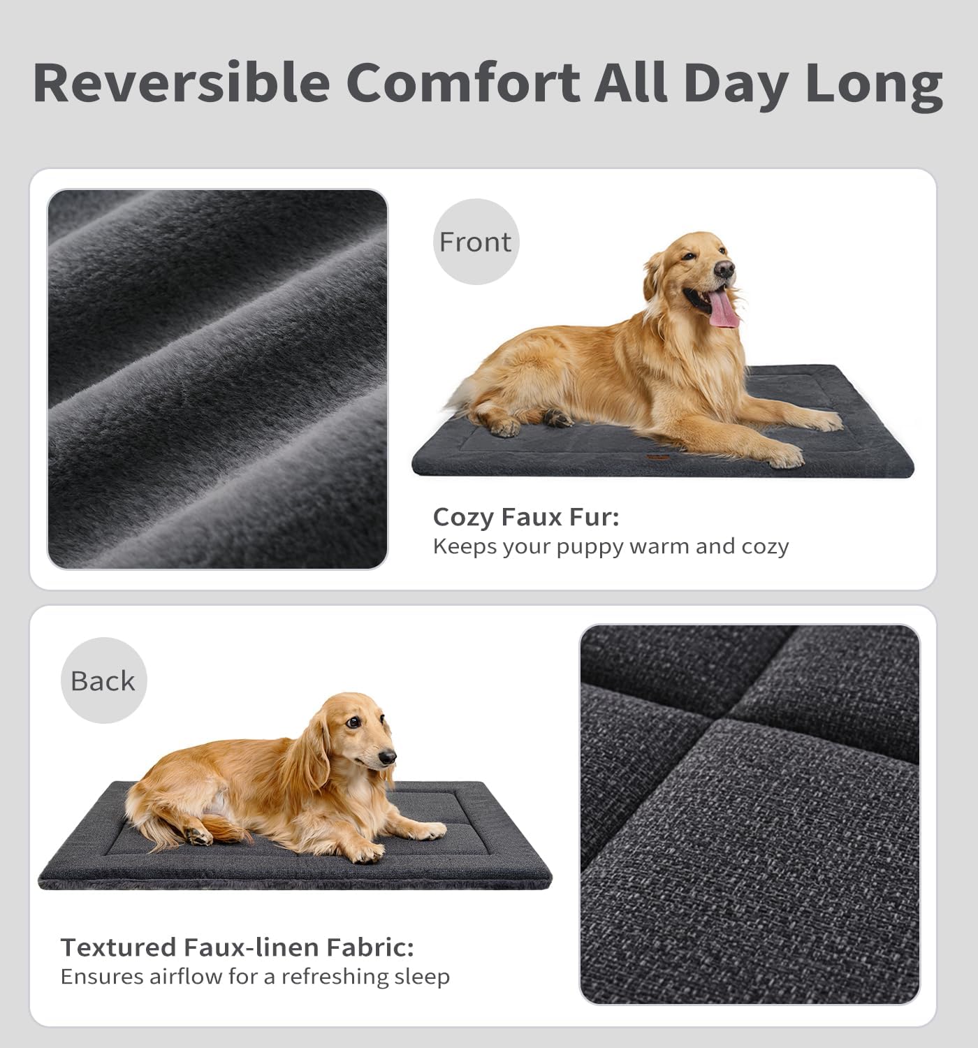 Made4Pets Dog Crate Pad Bed for Extra Large Dogs, Washable & Reversible, Anti-Slip Kennel Mat for Cozy Sleeping, Soft Fluffy Dog Bed for Indoor & Outdoor Use, 48"x30", Dark Gray