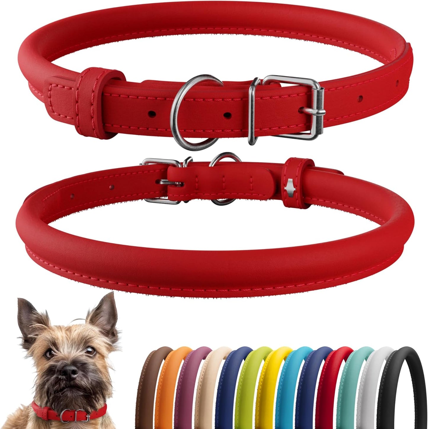CollarDirect Rolled Leather Dog Collar, Soft Padded Round Puppy Collar, Handmade Genuine Leather Collar Dog Small Large Cat Collars 13 Colors (8-11 Inch, Red Smooth)