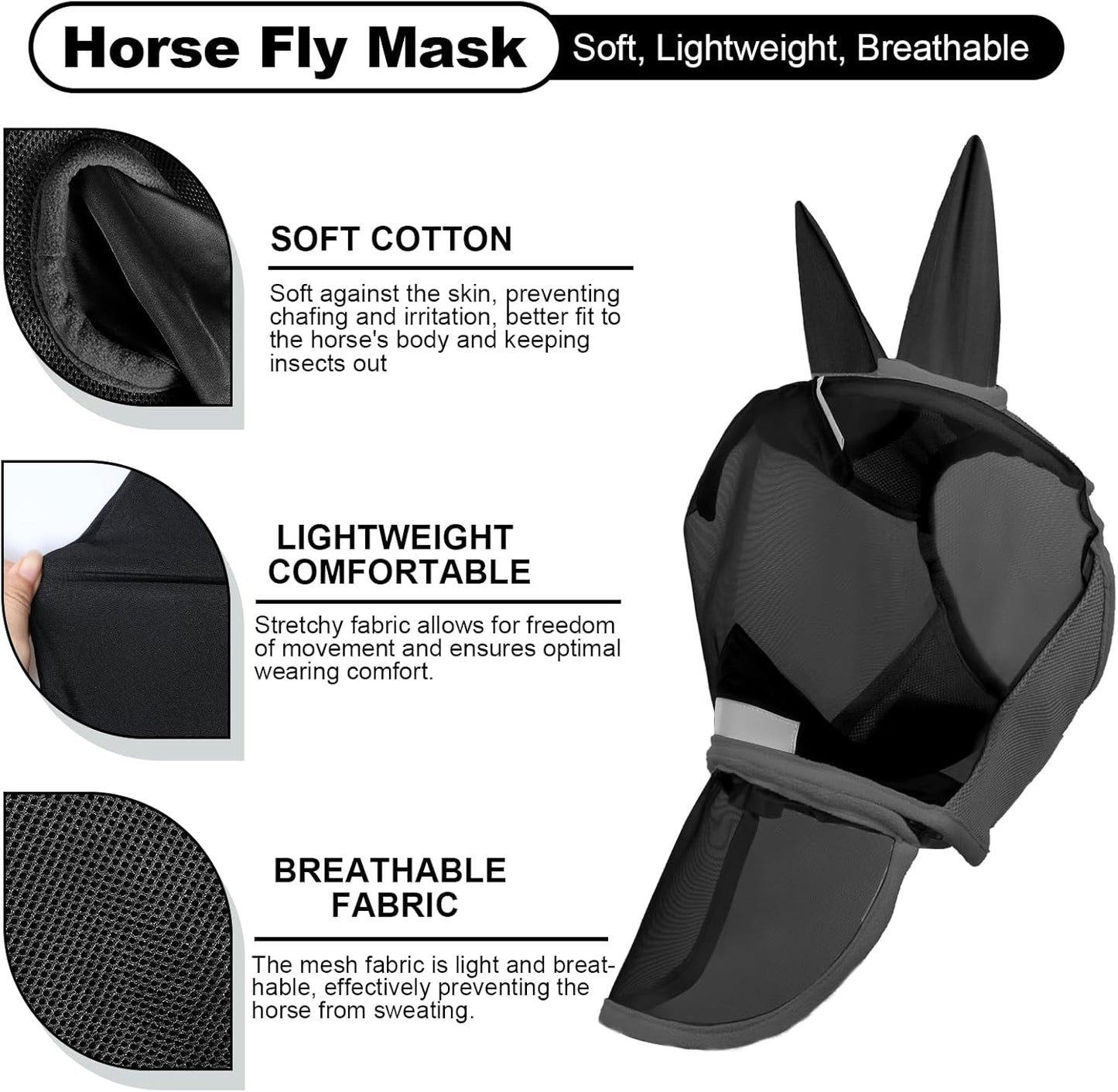 Luminous Horse Fly Mask with Long Nose, Ears, Full Face & Eye Protection - Full Mesh, Detachable Nose Cover, Fleece Padded Edging, Hook-and-Loop Straps with Webbing, Hanging Straps Black