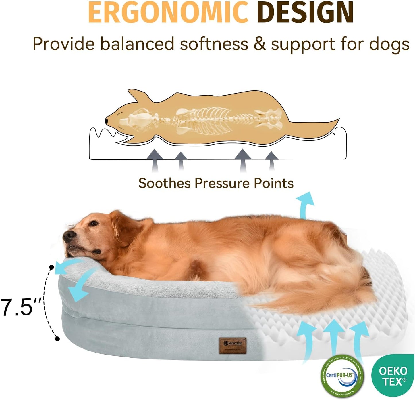 Orthopedic Waterproof Large Dog Bed: Memory Foam Washable Dog Bed with Bolsters - XL Removable Washable Cover for Medium Large Sized Pet - Non-Slip Bottom - Silver