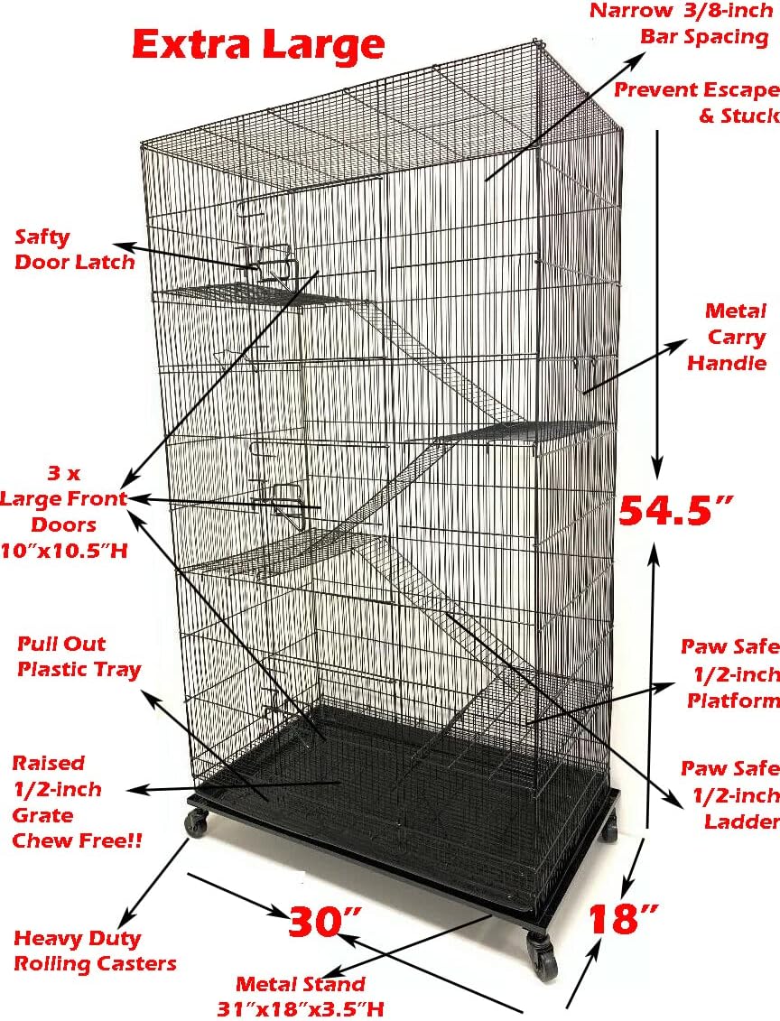 X-Large 5-Levels Tight 3/8-inch Bar Spacing Ferret Chinchilla Sugar-Glider Rats Mice Gerbil Chew Free Cage with Removable Rolling Stand, 31-Inch by 19-Inch by 55-Inch