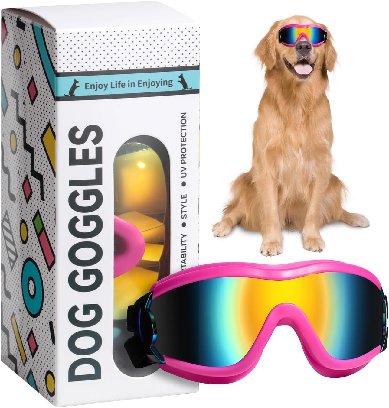 NVTED Dog Sunglasses Goggles, UV Wind Dust Fog Protection Pet Glasses Eye Wear Protection with Adjustable Strap for Medium or Large Dog (Pink)