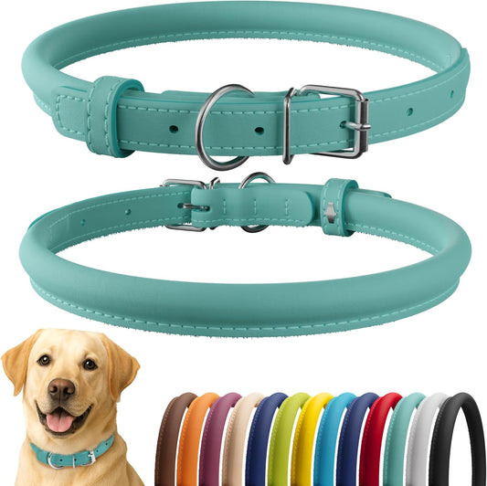 CollarDirect Rolled Leather Dog Collar, Soft Padded Round Puppy Collar, Handmade Genuine Leather Collar Dog Small Large Cat Collars 13 Colors (18-22 Inch, Mint Green Smooth)