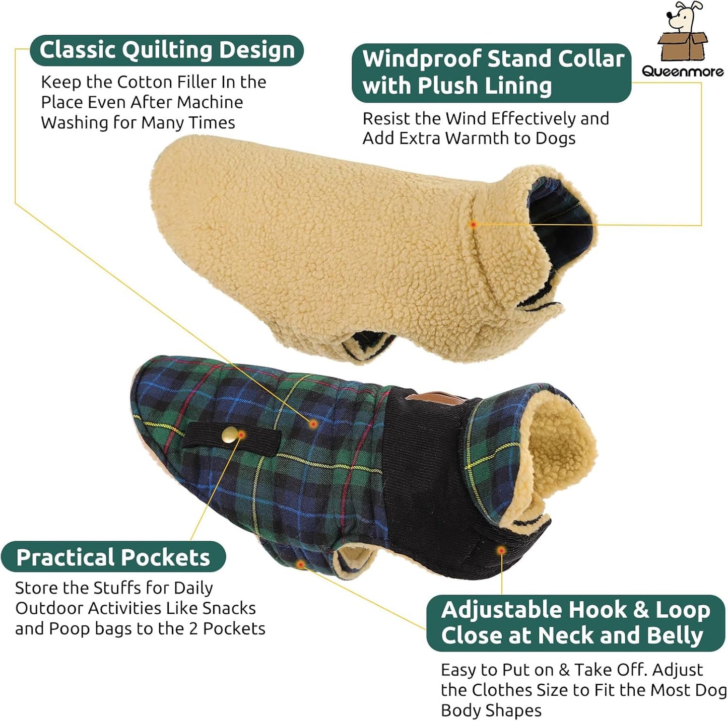 Queenmore Dog Winter Coat Warm Dog Jacket for Cold Weather, Quilting Puffer Plaid Coats for Small/Medium Dogs Waterproof,Girl/Boy Pet Christmas Coat,Pet Snowsuit with Leash Hole/Fleece Padding, XL