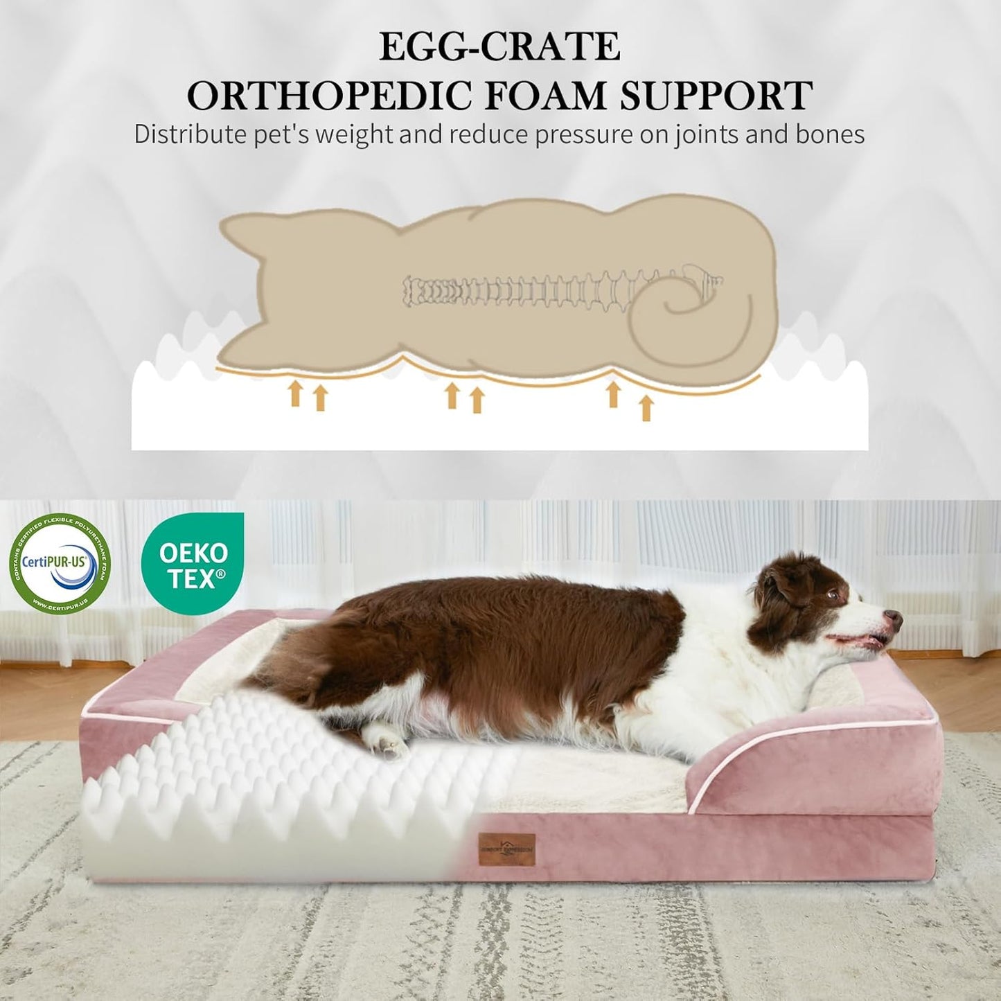 Comfort Expression Waterproof Orthopedic Foam Dog Beds Extra Large Dogs, XL Dog Bed with Bolster, Washable Pet Sofa Couch with Removable Cover & Non-Slip Bottom(X-Large,Pink)