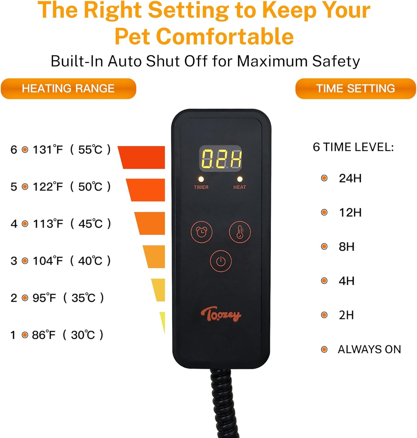 Toozey Large Pet Heating Pad, 6 Adjustable Temperature Dog Cat Heating Pad with Timer, Waterproof Heated Dog Bed with Chew Resistant Cord, Indoor Electric Pet Heated Mat 35x24in