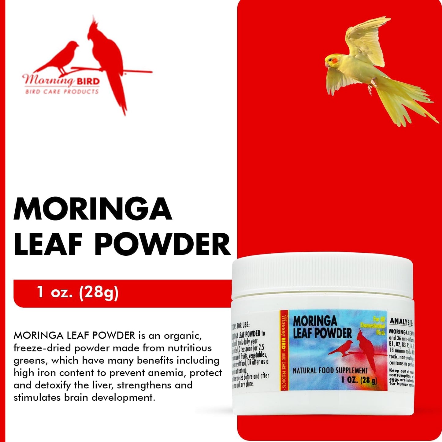 Morning Bird Moringa Leaf Powder 1 oz – Natural Food Supplement for Birds, Rich in Vitamins & Minerals, Boosts Immune System & Energy, Supports Healthy Feathers, Digestion, and Overall Avian Wellness