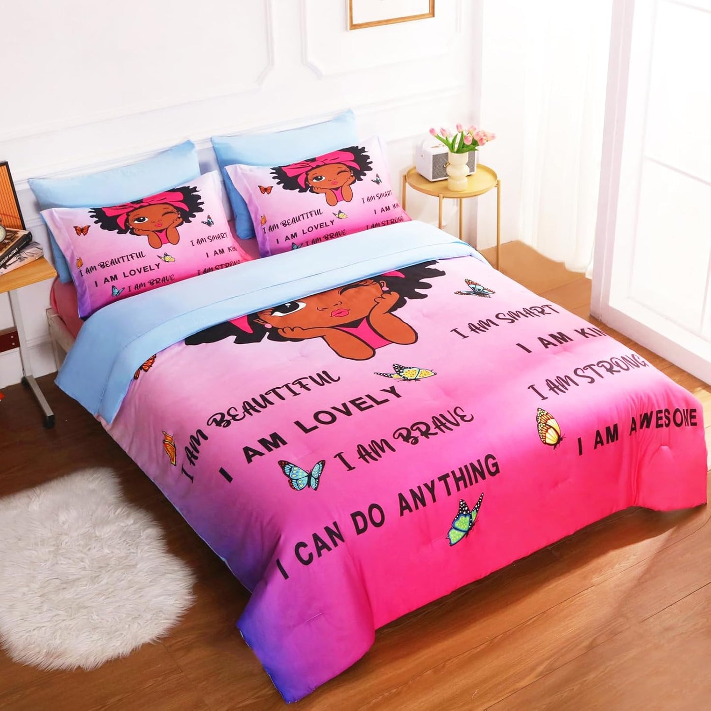 7 Piece Black Girls Magic Comforter Sets Queen Size African American Girl Bedding Set Bed in A Bag for Girls Kids Teens Inspirational Quotes Pink Blue Quilts Room Decor