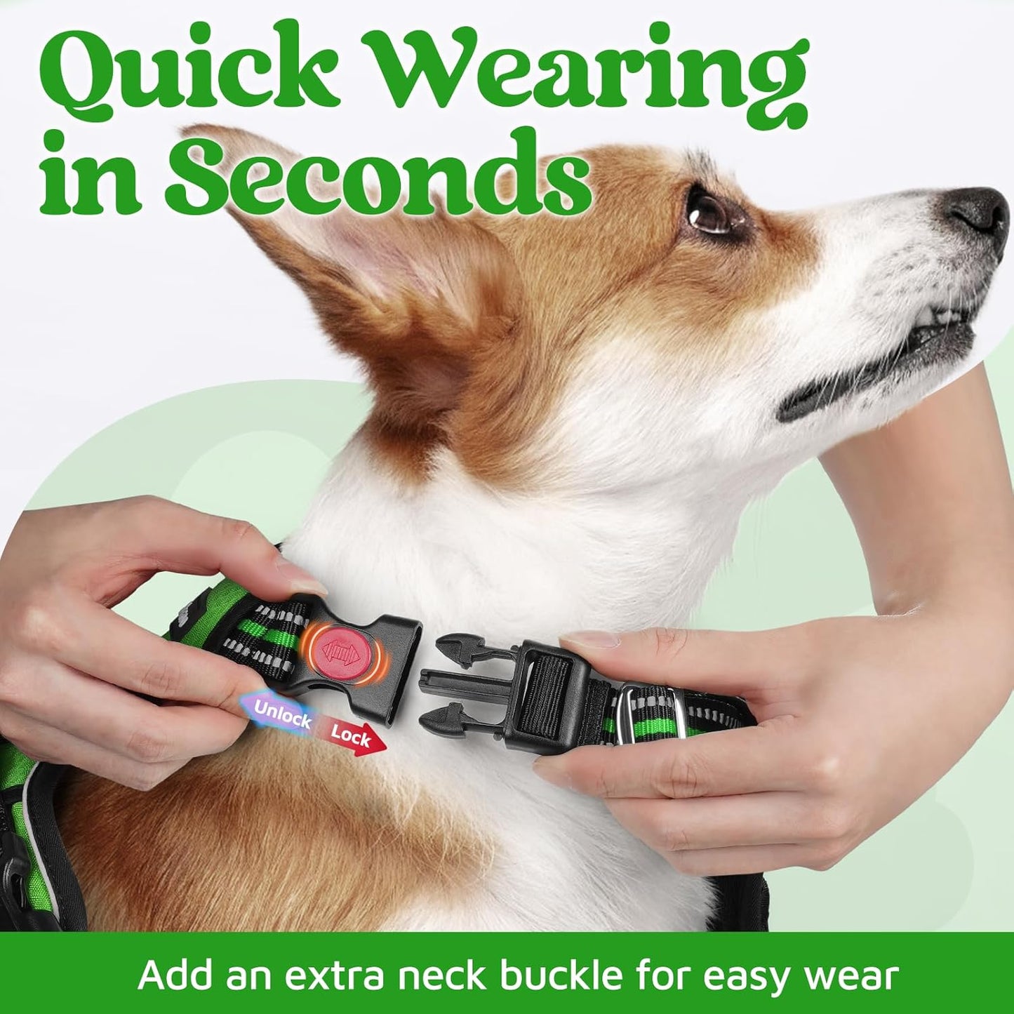 rabbitgoo Dog Harness Small Sized, No Pull Dog Vest with 3 Buckles, Adjustable Soft Padded Pet Harness with Easy Control Handle and Reflective Strips, Green, S