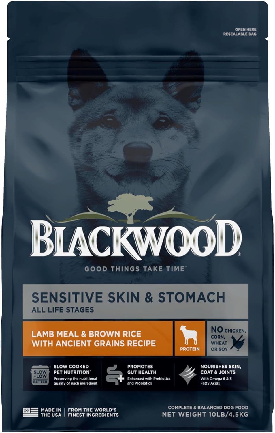 Blackwood Sensitive Skin & Stomach Dry Dog Food, Lamb Meal & Brown Rice with Ancient Grains, 10 Pound Bag with Prebiotics & Probiotics to Promote Gut Health