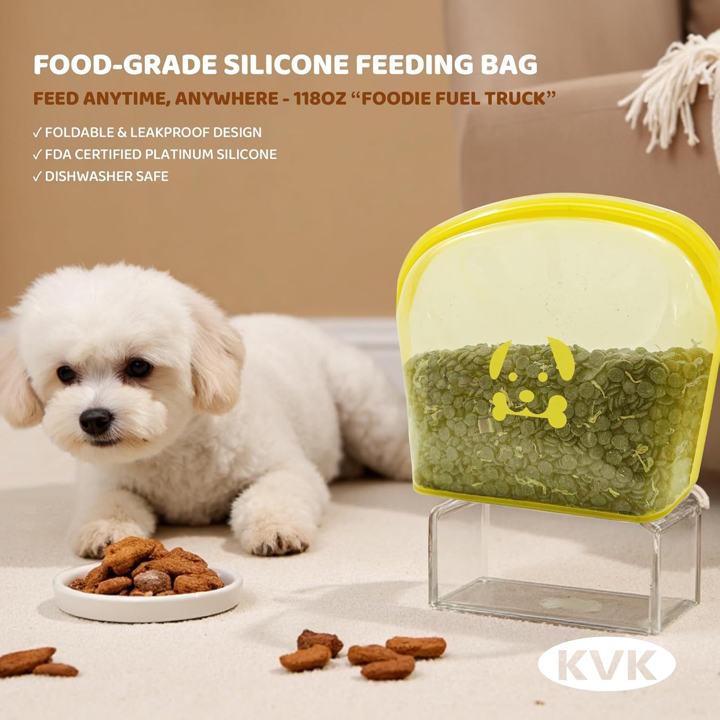 KVK Extra Extra Large Silicone Dog Food Mat 39.4×43.3in and 128oz Silicone Bag Set, Super Size Waterproof Pet Feeding Mat & Container, Non-Slip, Chew-Resistant Floor Protection (Beige&Yellow)