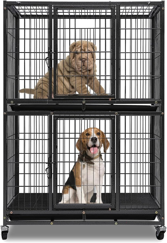 Two-Tier 30 Inch Small Dog Crate, Heavy Duty Drop Dog Cage for Small Dogs Kennels Indoor with Auto-Locks, Removable Trays, Metal Floor Grids and 360° Lockable Wheels