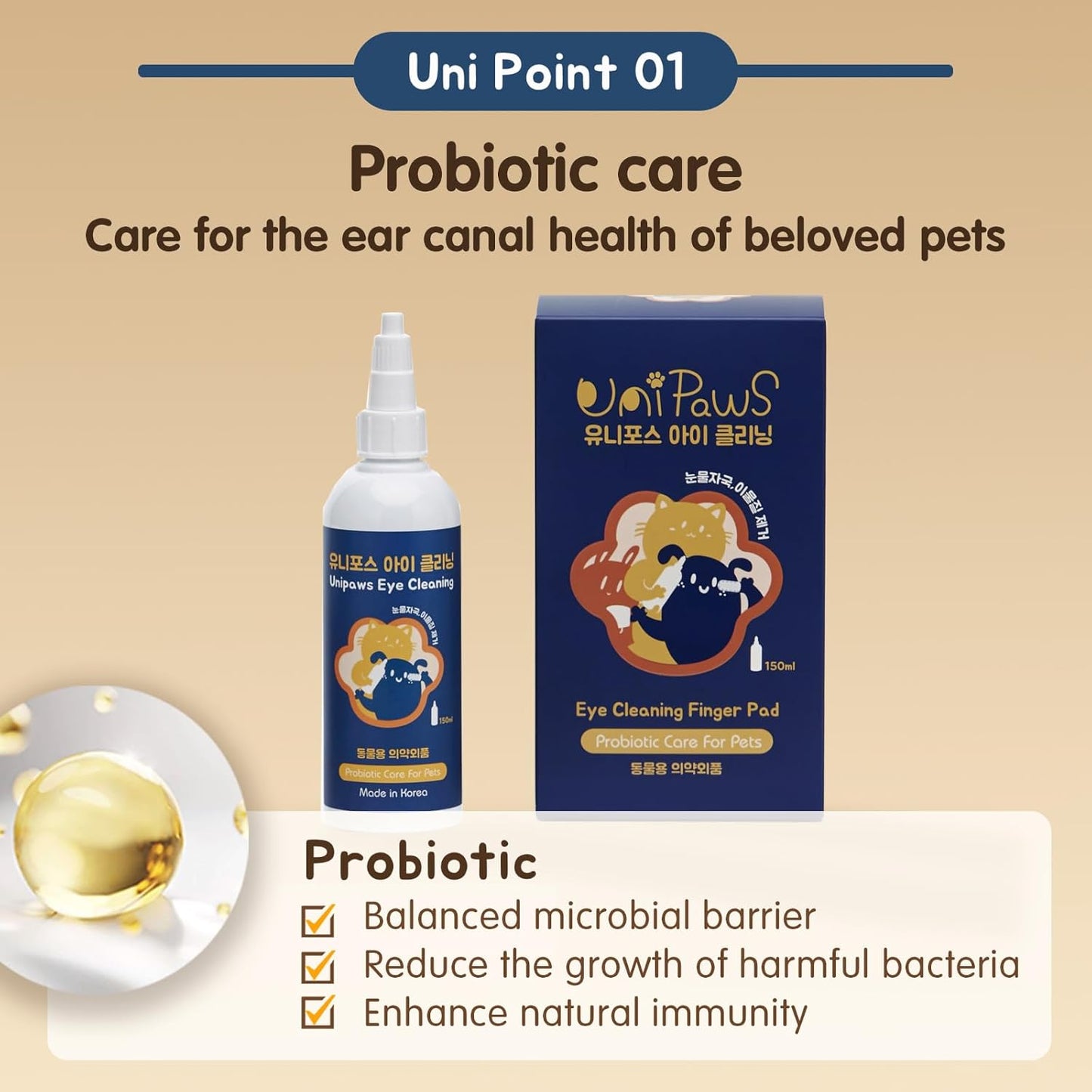 UNIPAWS Dog & Cat Eye Area Cleaner with Wipes – Vet-Recommended Tear Stain Remover – 5.1 fl oz Cleaner + 50 Dry Finger Wipes – Probiotic & Plant Formula, Gentle Grooming Care