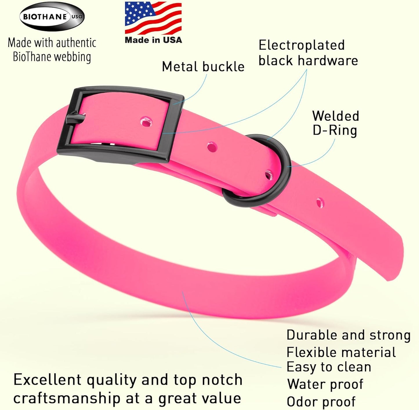 Dogline Biothane Waterproof Dog Collar Strong Coated Nylon Webbing with Black Hardware Odor- Proof for Easy Care Easy to Clean High Performance Fits Small Medium or Large Dogs, Passionfruit Pink