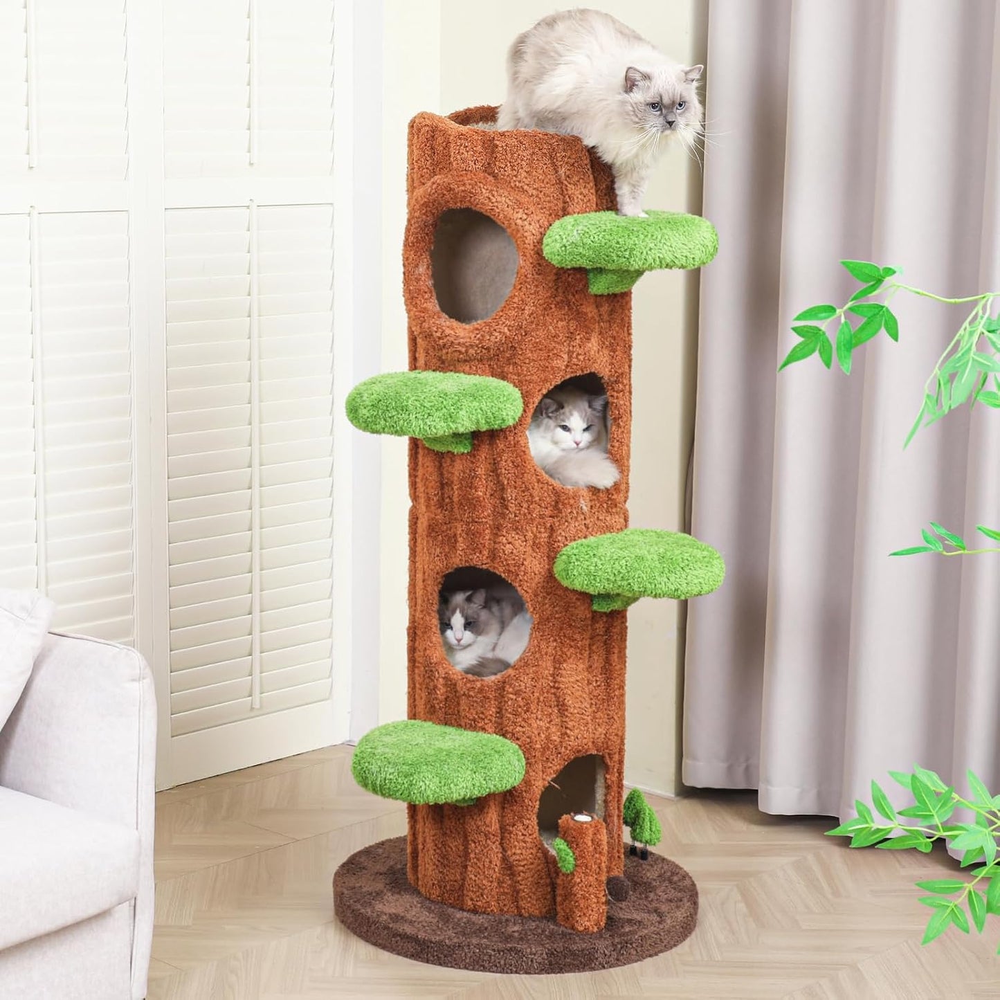 Magic Forest Cat Tree Tower, 62 inches Tall, Real Solid Wood Cat Tree for Multi-Cat Household