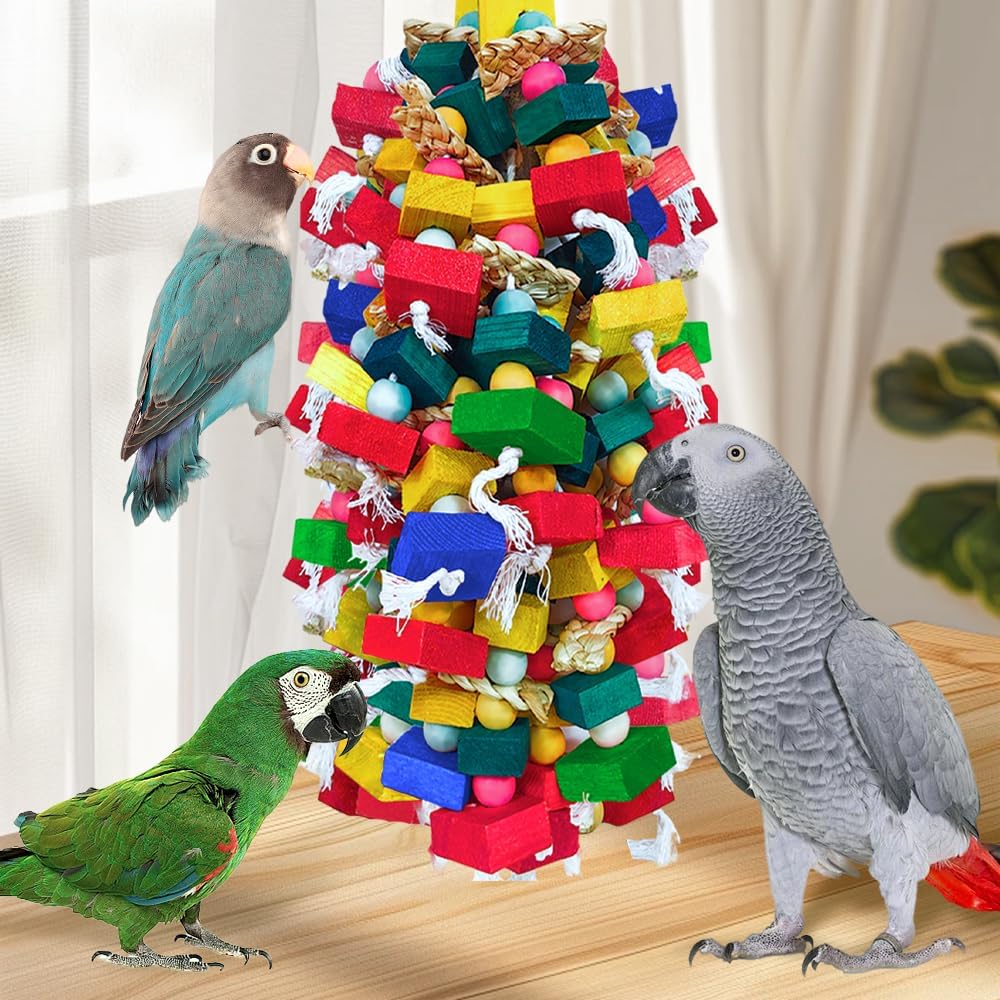 Extra Large Bird Toys for Macaws Cockatoos Amazons Chew - Natural Wood Parrot Chewing Toy with Foraging, Bird Cage Activity Center