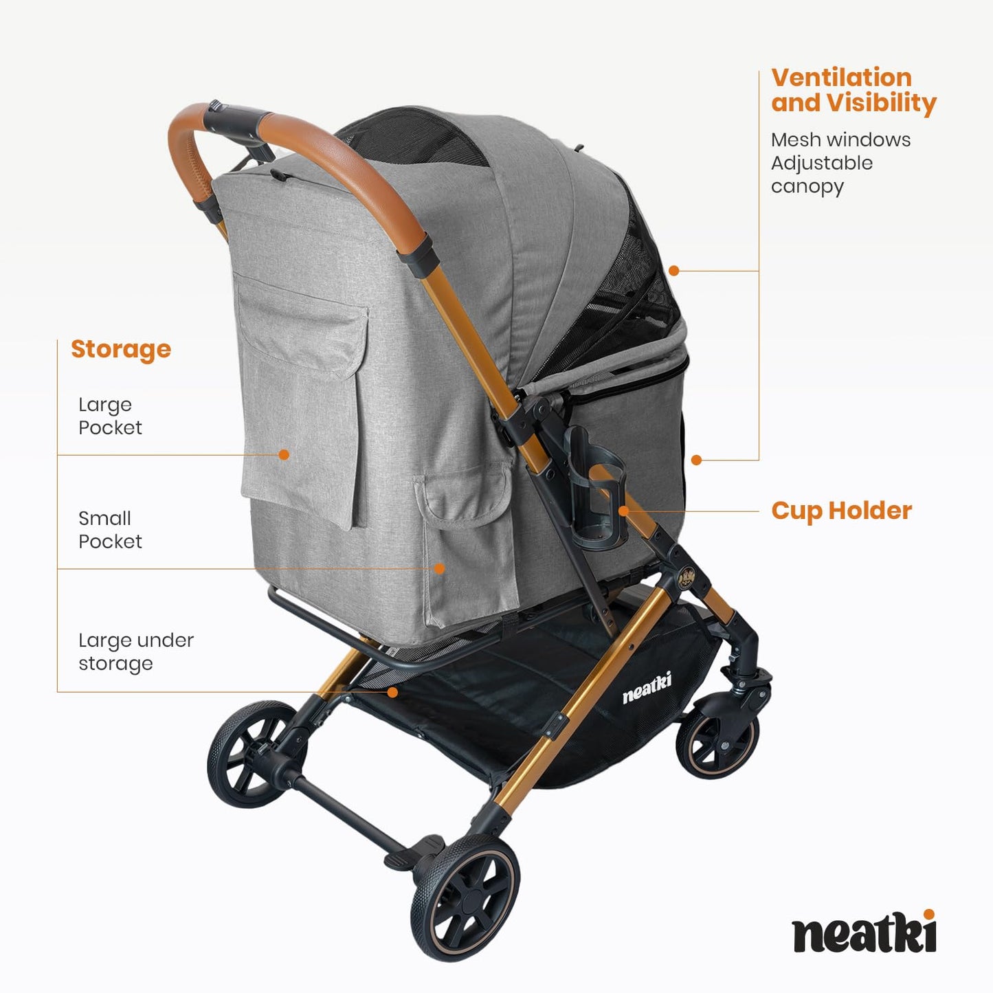 Foldable Pet Stroller for Dogs and Cats, 33 lbs Capacity, 360° Swivel Front Wheels, One-Click Fold, Brake System, Leash & Lock Clips, Removable Washable Padding, and Cup Holder (Gray, 33 lbs)