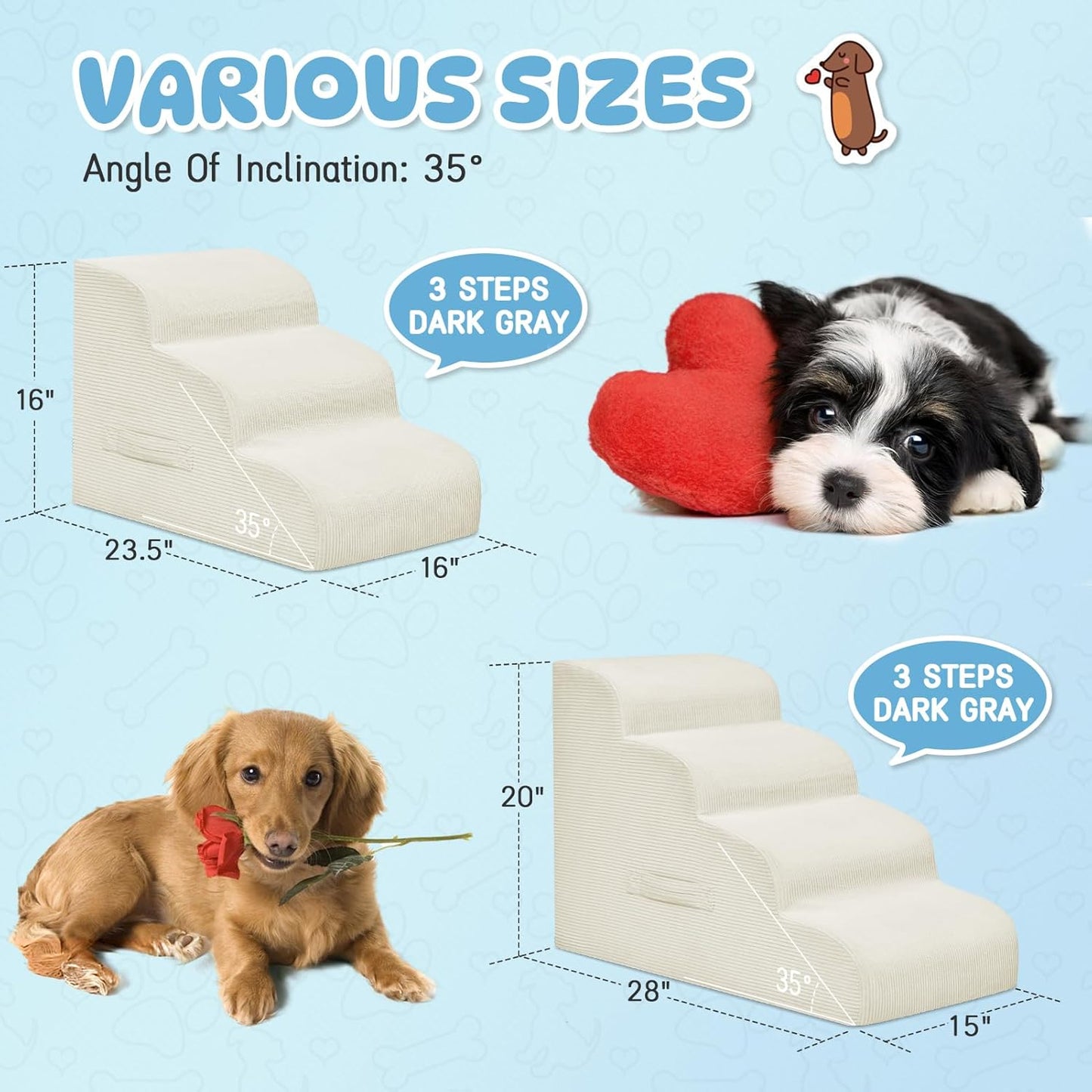 Dog Steps for Small Dogs, 3-Step Pet Ramp Stairs for High Beds and Sofa, Non-Slip Pet Stairs for Small Dogs and Cats, Removable and Easy to Clean Cover, Beige