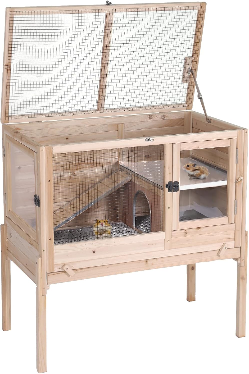 Aivituvin Wooden Guinea Pig Cages Indoor with Removable Stand, Anti Chewing Rabbit Hutch with Ramp and Wire Mesh, 2 Story Small Animals House Habitat with Pull Out Tray (Light Natural Wood)
