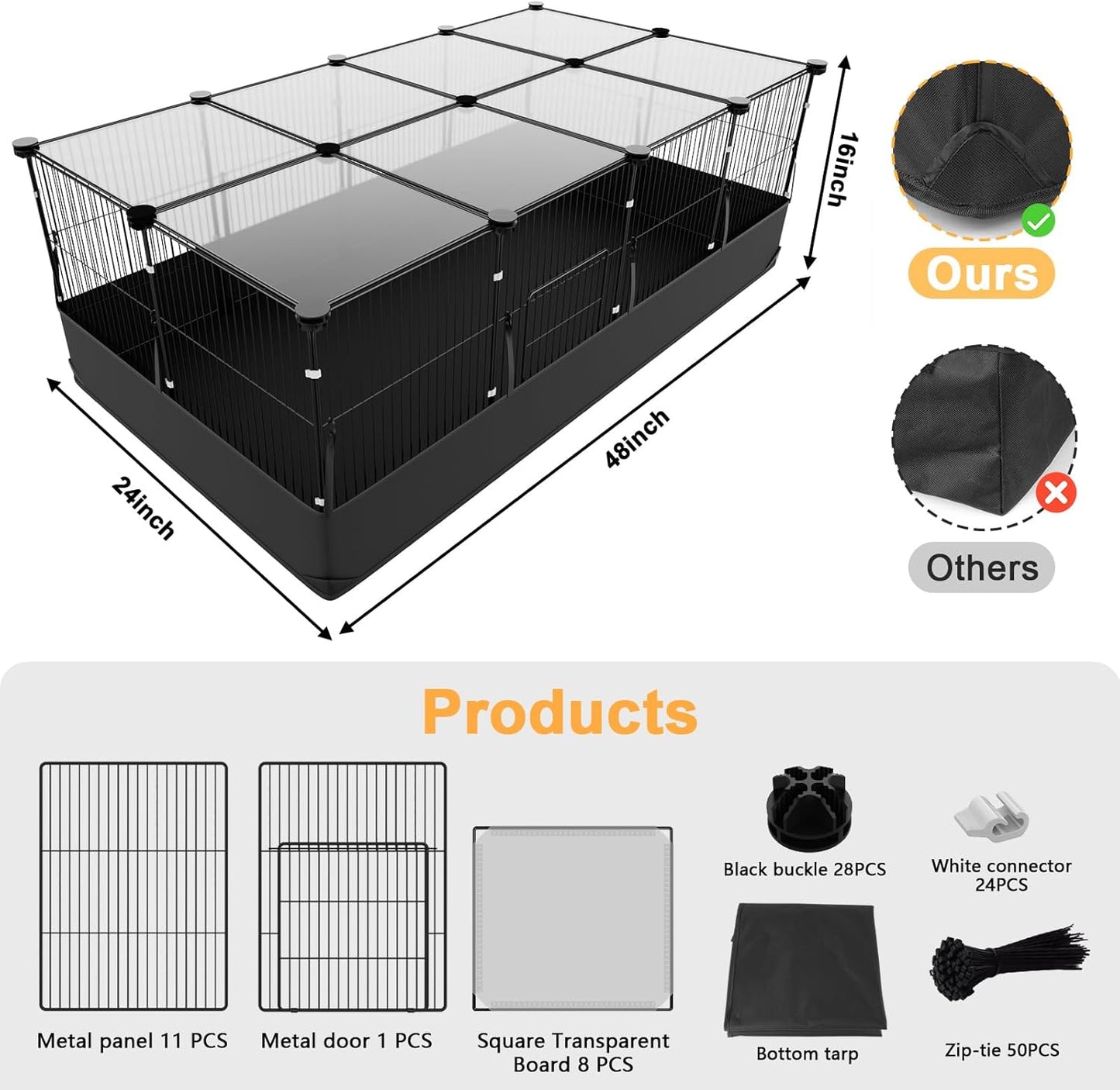 Tresbro Guinea Pig Cage with Top Cover & 12 Panels, Triple Fixing Measures Small Animal Playpen with Waterproof PVC Liner & One-Motion Hooks, 48 x 24 x 16 C&C Grids Cage for Bunny, Hedgehog, Hamster