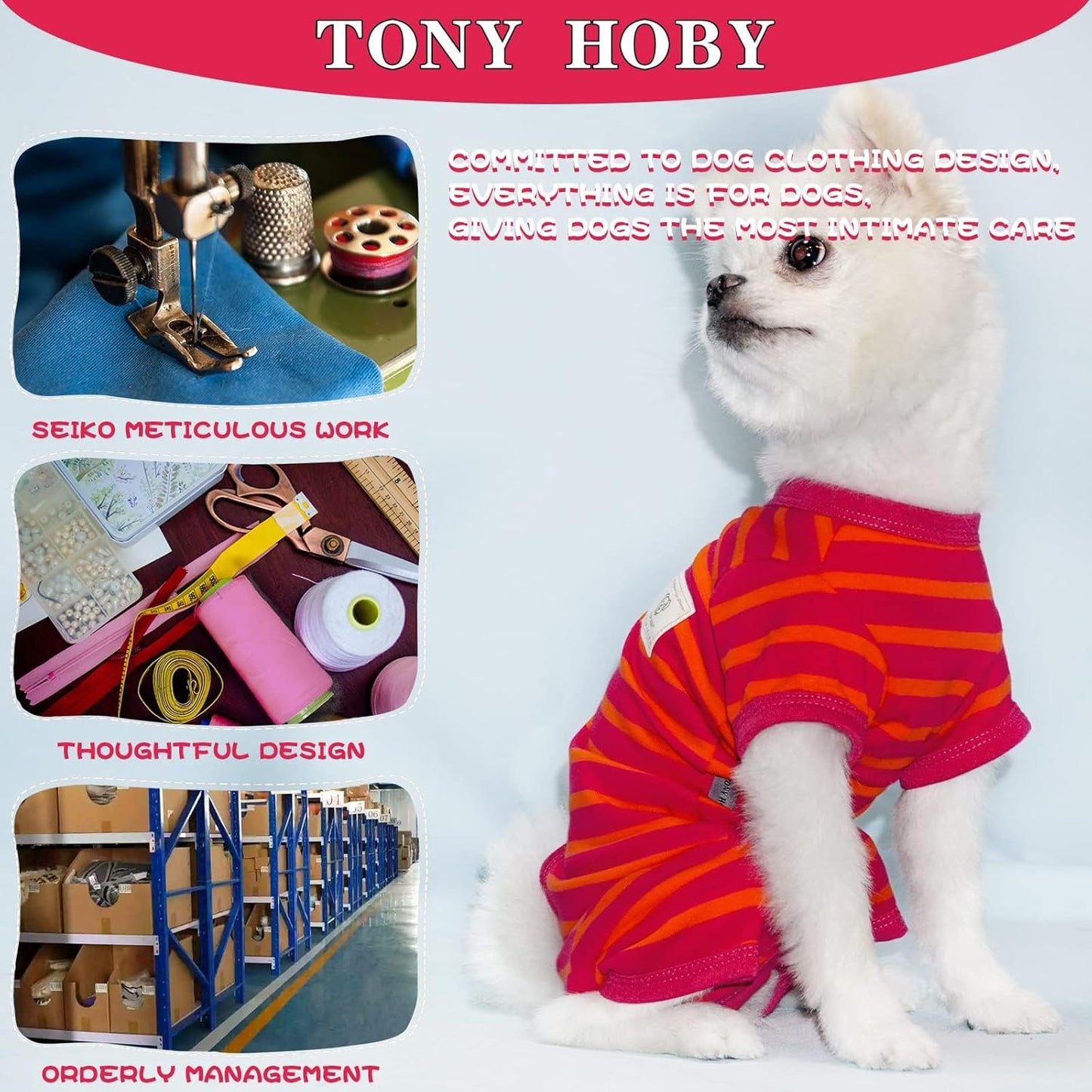 TONY HOBY Female/Male Dog Pajamas, Dog Jumpsuit 4 Legged Pajamas with Stripes, Soft Cotton for Comfortable Sleep (Rose Red&Orange, Boy, XS)