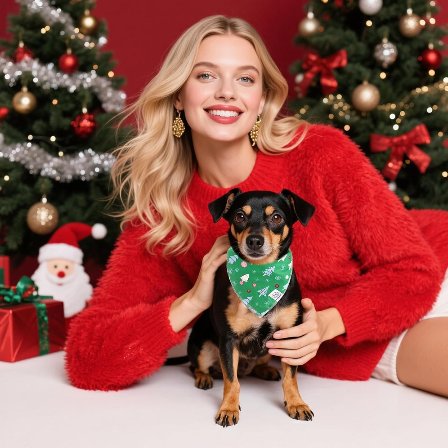 E-Clover Christmas Dog Bandanas Winter Scarf for Dog Boy Girl Christmas Tree Costumes Accessories for Medium Large Dogs Green Red