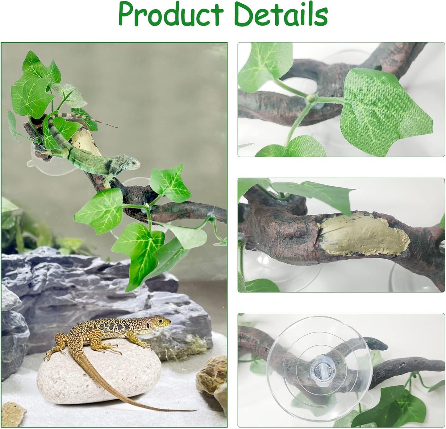 Fhiny 2 PCS Reptile Corner Branch, Resin Climb Tree Branch Decor with Leaves Tank Accessories Terrarium Plant Ornament with Suction Cup for Snake Lizard Bearded Dragons Gecko Climbing
