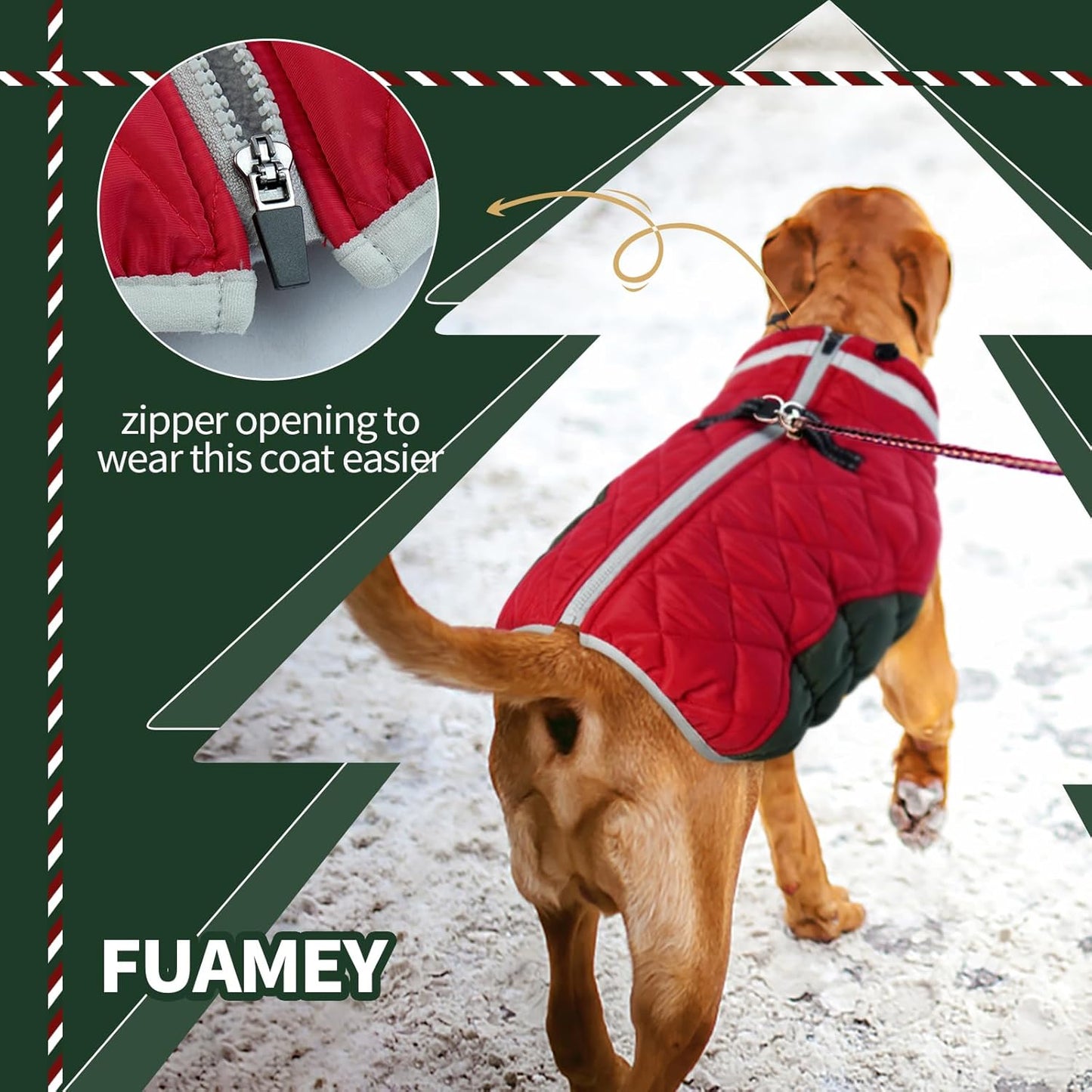 FUAMEY Dog Coat for Medium Dogs,Waterproof Dog Winter Jacket with Harness Built in Puppy Cold Weather Coats Reflective Pet Vest with Zipper Warm Fleece Dogs Snowsuit Windproof Christmas M