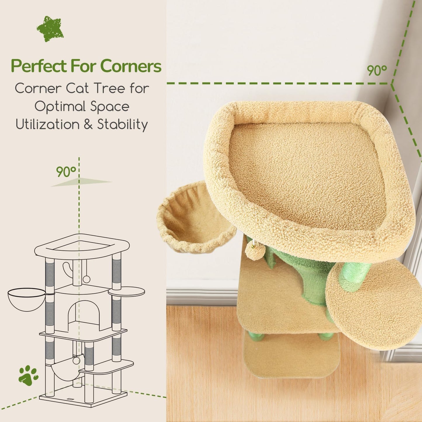 Globlazer Cactus Corner Cat Tree Tower with Scratching Post for Indoor Cats, 51in Multi-Level Cat Condo Tower with Large Hammock, Fan-Shaped Padded Perch, Spacious Cat Cave, Hanging Basket, C51, Green