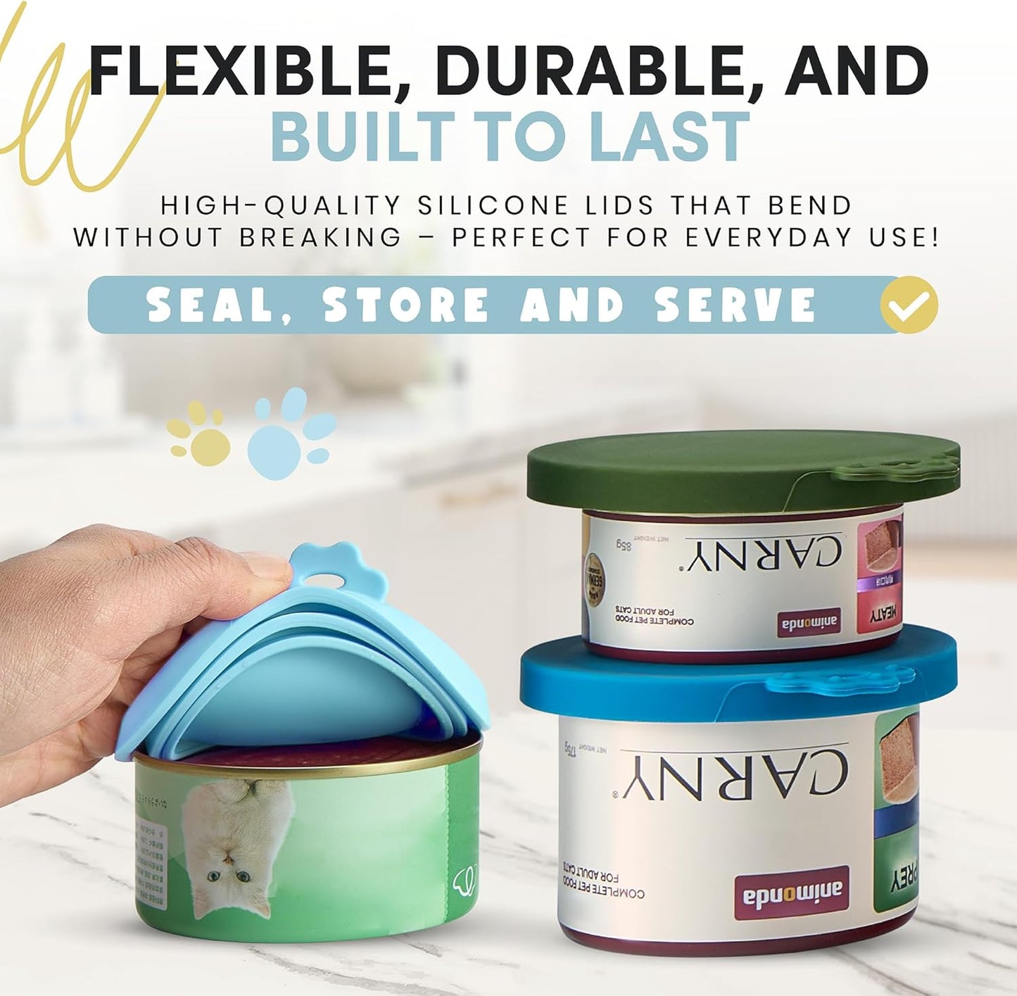 4 Pack Universal Pet Food Can Covers Lids - One fit 3 Standard Size Cans for Cats and Dogs Food Cans - Easy to Clean - Safe Silicone - Pastel Meadow