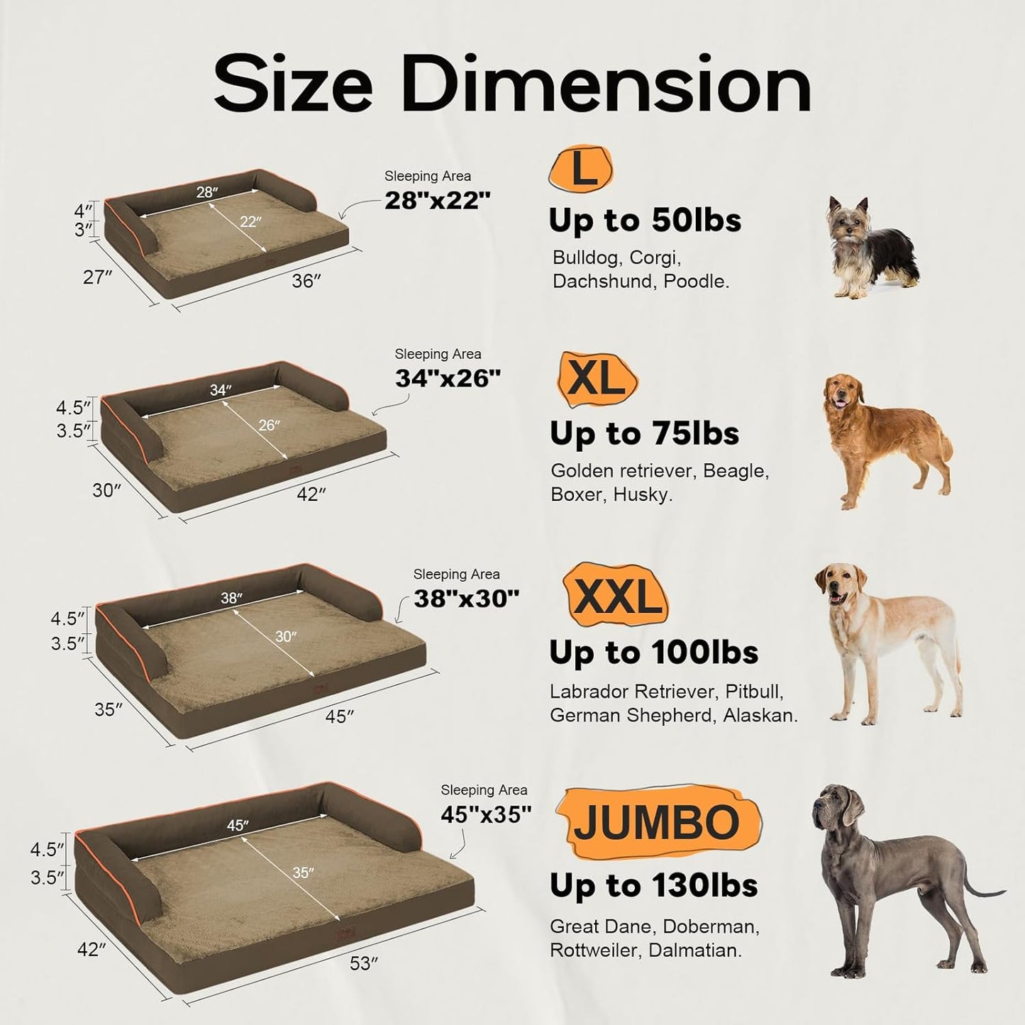 Large Dog Bed Orthopedic Washable - Waterproof with Removable Cover - Memory Foam - XXL Large Big Dogs - Beds Bolster Pet - Couch Sofa - Brown Dog Bed