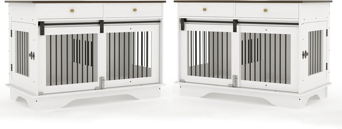 Dog Furniture Crate, 47" Large Dog Crate Furniture w/ 2 Storage Draws & Removable Divider for Large/Medium/Small Dogs (White, Double Cage)