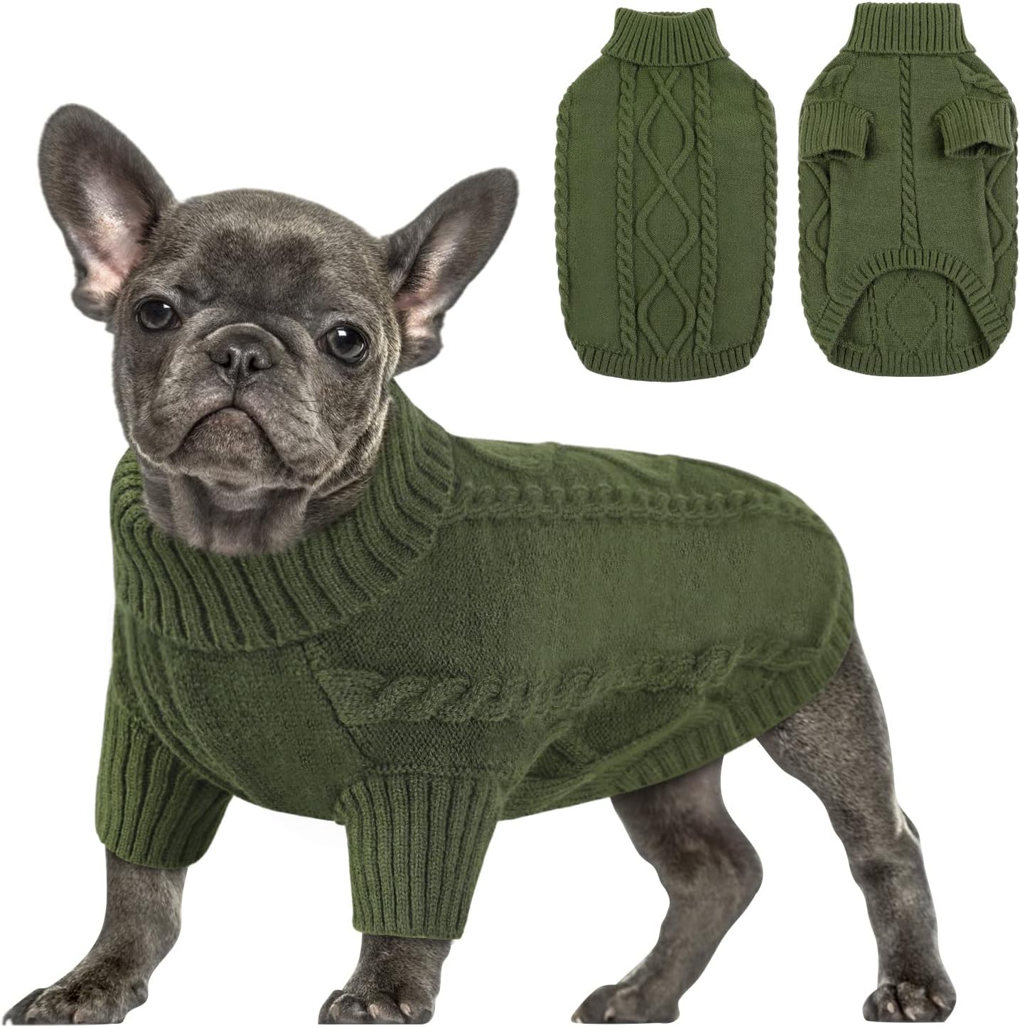 Queenmore Small Dog Pullover Sweater, Cold Weather Cable Knitwear, Classic Turtleneck Thick Warm Clothes for Chihuahua, Bulldog, Dachshund, Pug (Army Green, Large)