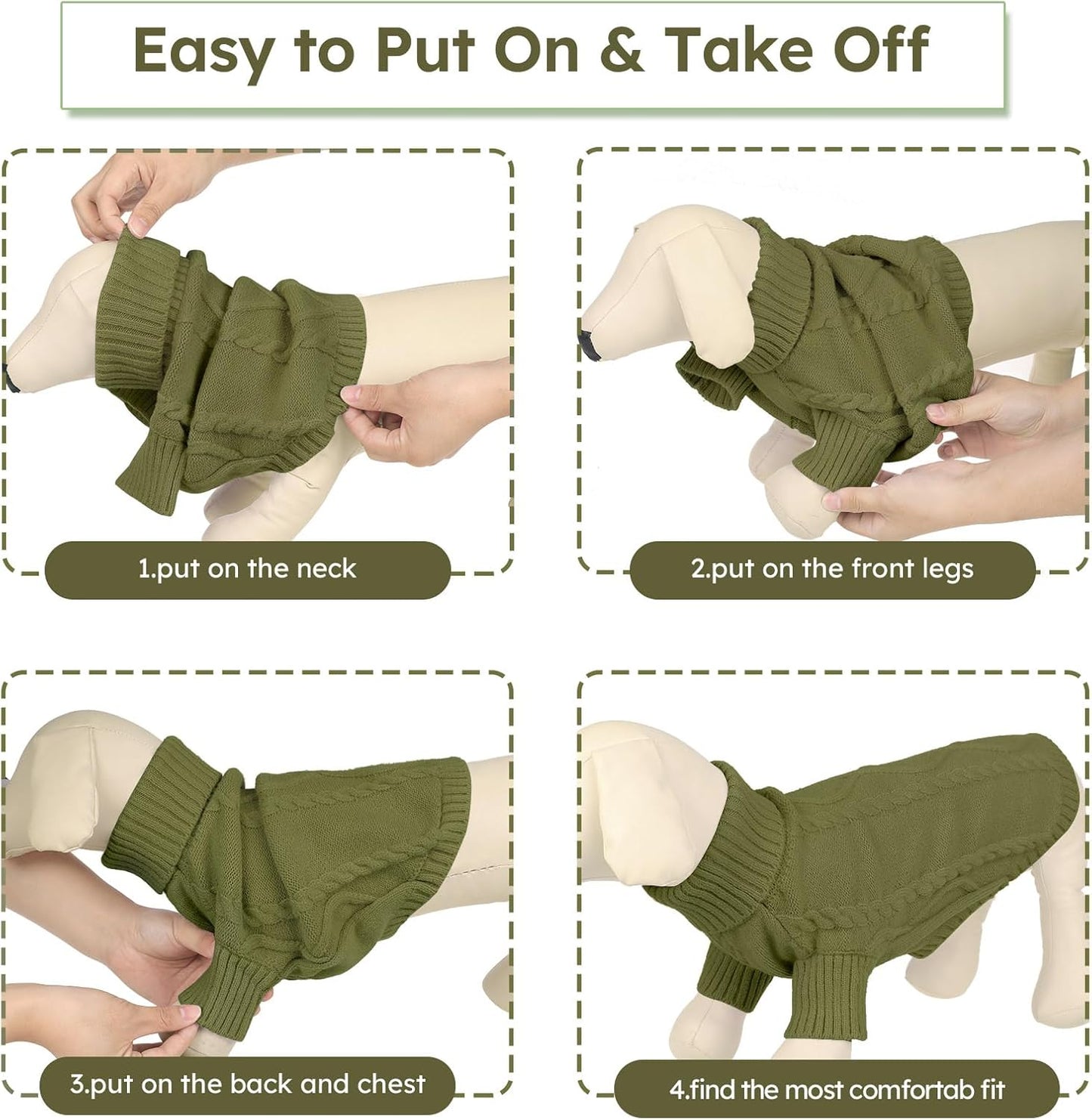 Queenmore Small Dog Pullover Sweater, Cold Weather Cable Knitwear, Classic Turtleneck Thick Warm Clothes for Chihuahua, Bulldog, Dachshund, Pugl,OliveGreen,XXL