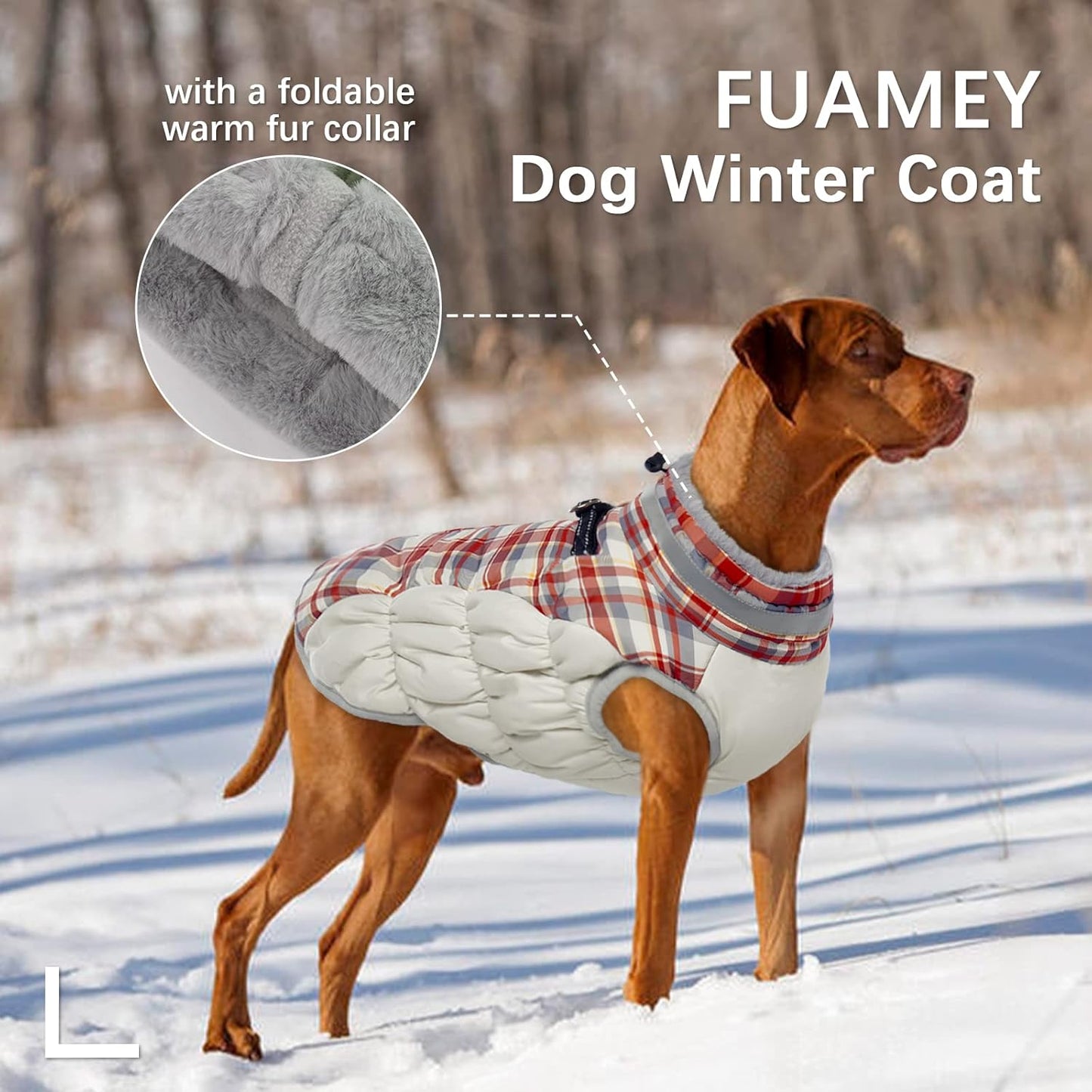 FUAMEY Dog Coat for Medium Dogs,Waterproof Dog Winter Jacket with Harness Built in Puppy Cold Weather Coats Reflective Pet Vest with Zipper Warm Fleece Dogs Snowsuit Windproof Red Plaid M