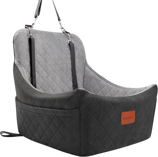 Dog Car Seat for Dogs Up to 35lbs,Fully Detachable and Washable,Memory Foam Covered Soft Fabric,Easy to Install with Adjustable Straps,Anti-Slip Bottom,Two Side Pockets(Black/Grey,Medium)