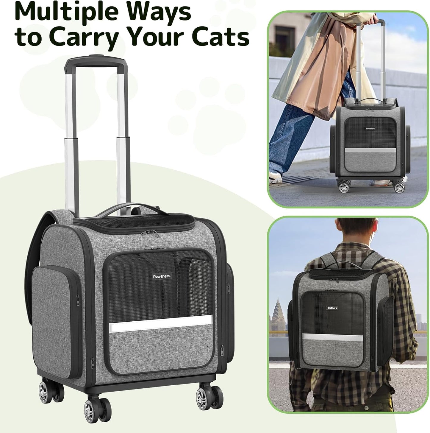 Rolling Cat Carrier with Wheels: Dog Carrier for Small Dogs & Large Cats, Expandable Pet Carrier on Wheels with Cat Play Tunnel, Large Capacity, Breathable Mesh, Side Pocket, Grey