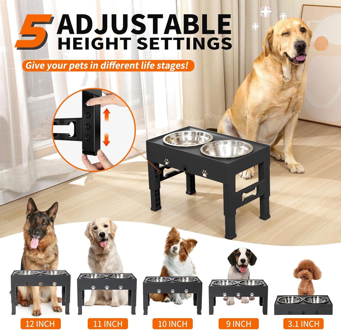 Elevated Dog Bowls with Mat, Raised Dog Food Bowl Stand with 2 Stainless Steel Bowls, 5 Height Adjustable (3.1", 9", 10", 11", 12") Non-Slip Feeder Set for Medium and Large Dogs – Black