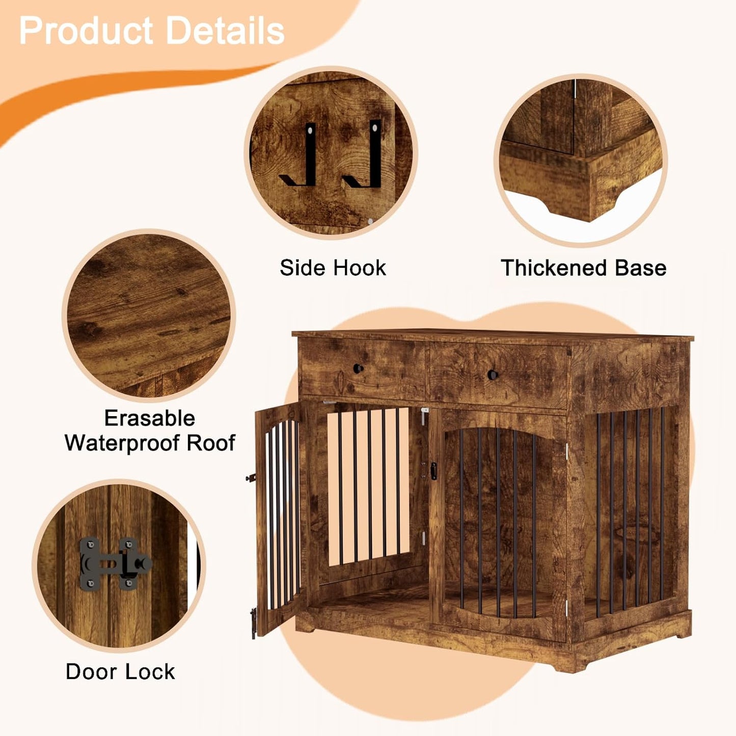 BREEZEHEAT 40 inch Dog Crate Furniture-Farmhouse Dog Kennel with Drawers-End Table Wooden Pet Crate, Double Door Design, Decorative Dog House Indoor for Small Medium Large Dog,Brwon