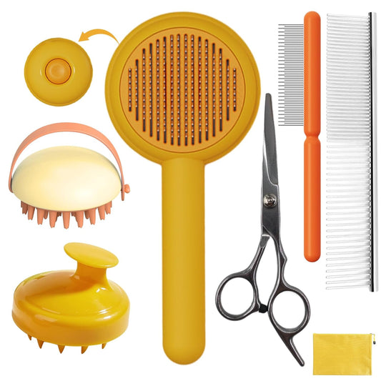 Dog Grooming Brush Set, 7 PCS Self-Cleaning Deshedding Hair Brushes for Short Long Haired Dogs Cats, Includes Scrubber Shower Wash Brush, Dematting Comb, Scissor - Yellow