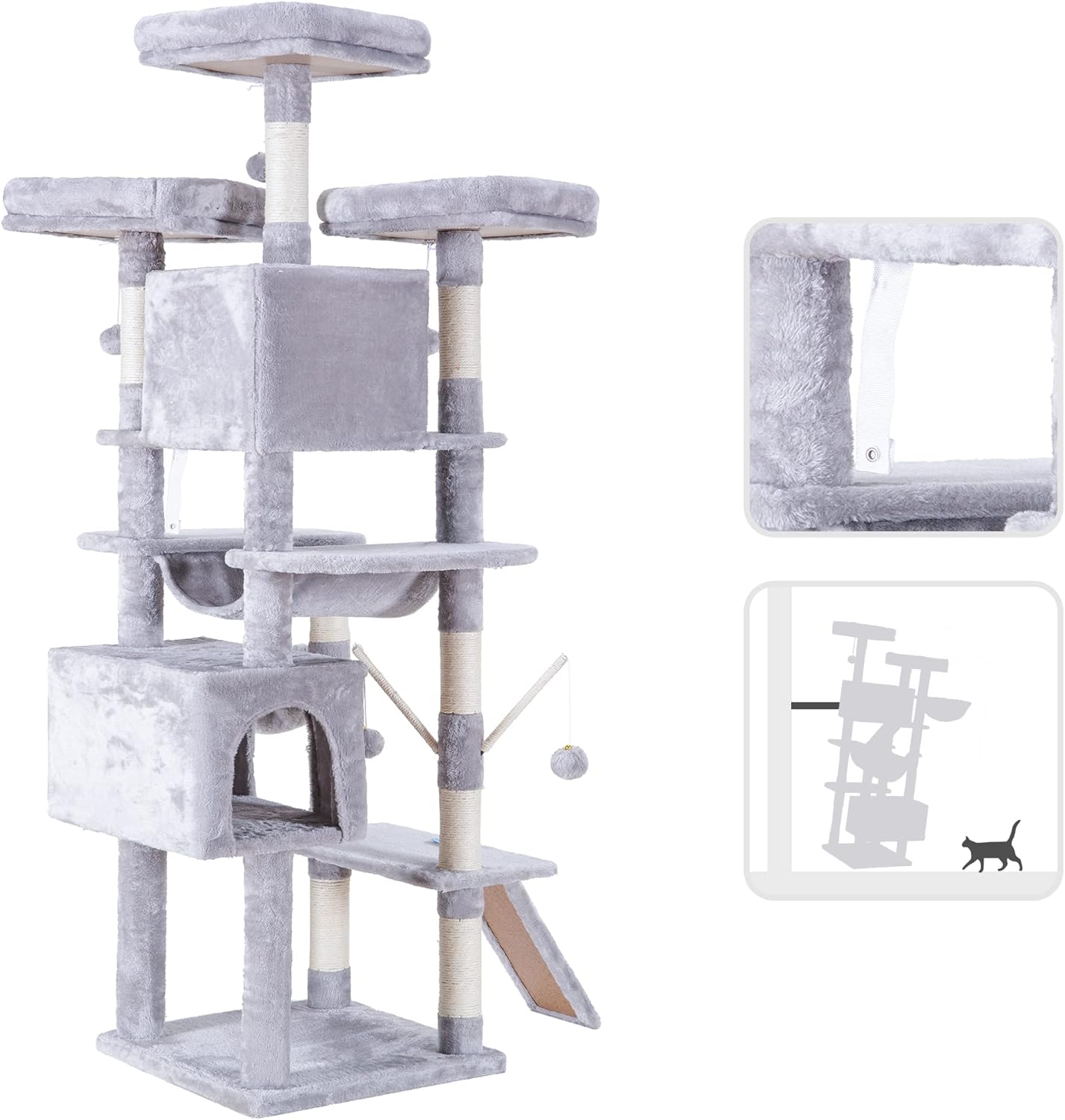 Hey-brother Cat Tree, 71 inches XL Large Cat Tower for Indoor Cats, Multi-Level Cat House with 3 Padded Perches, Big Scratcher, Cozy Basket, 2 Cat Condos and Scratching Posts, Light Gray MPJ034W