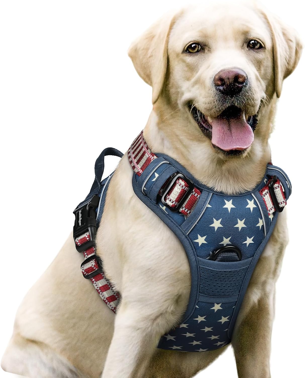 rabbitgoo Dog Harness No Pull with 2 Leash Clips, Adjustable Soft Padded, Reflective Oxford No Choke Pet Vest with Easy Control Handle for Large Dogs, Blue Star, L