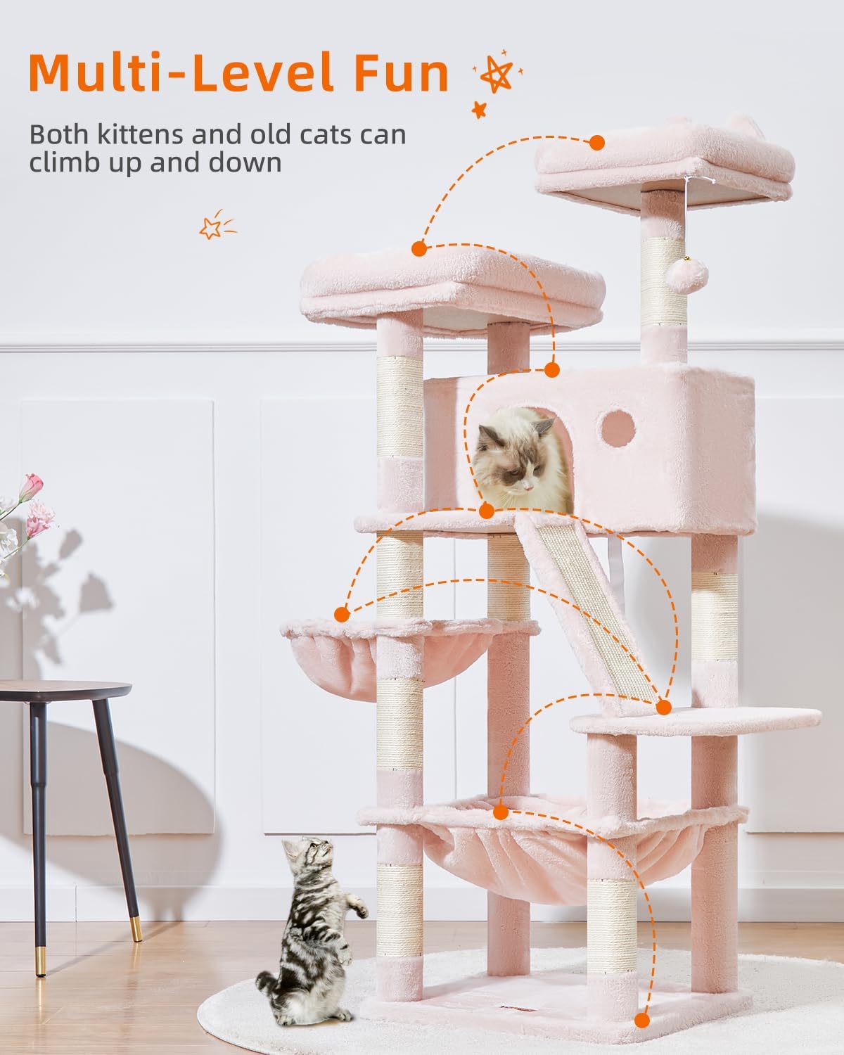 Taoqimiao Cat Tree 57.5-Inch, Cat Tower for Indoor Cats Large Adult, Extra Large Cat Condo, 8 Sisal Scratching Posts, Metal Frame Cozy Hammock, Durable Scratch Board, 2 Top Perches, Jelly Pink MS026P