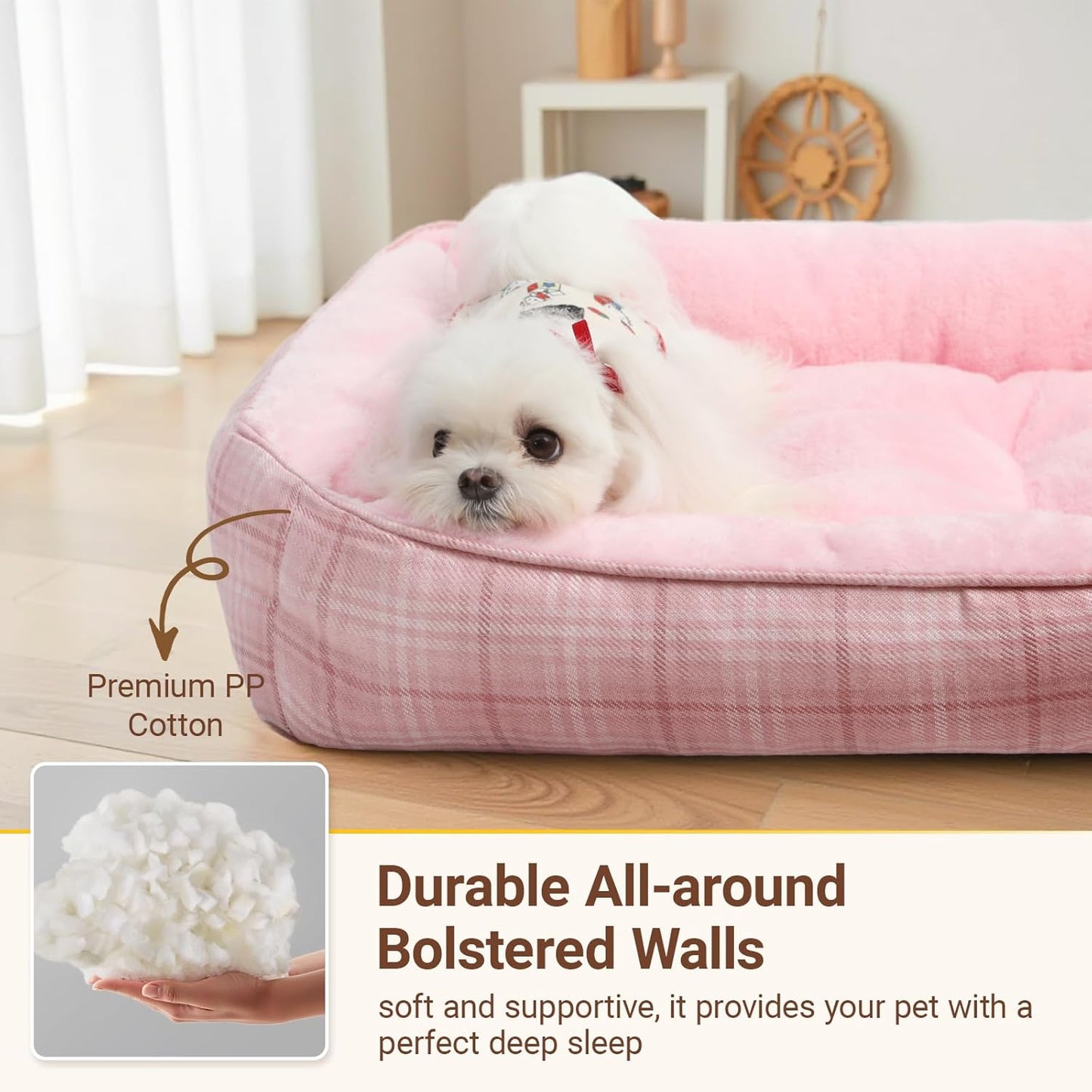 MIHIKK Rectangle Dog Beds for Small Dogs & Cats, Orthopedic Sleeping Pet Bed for Couch with Durable Puppy Cuddler and Anti-Slip Bottom Machine Washable 20 * 18 Inch (Pink)