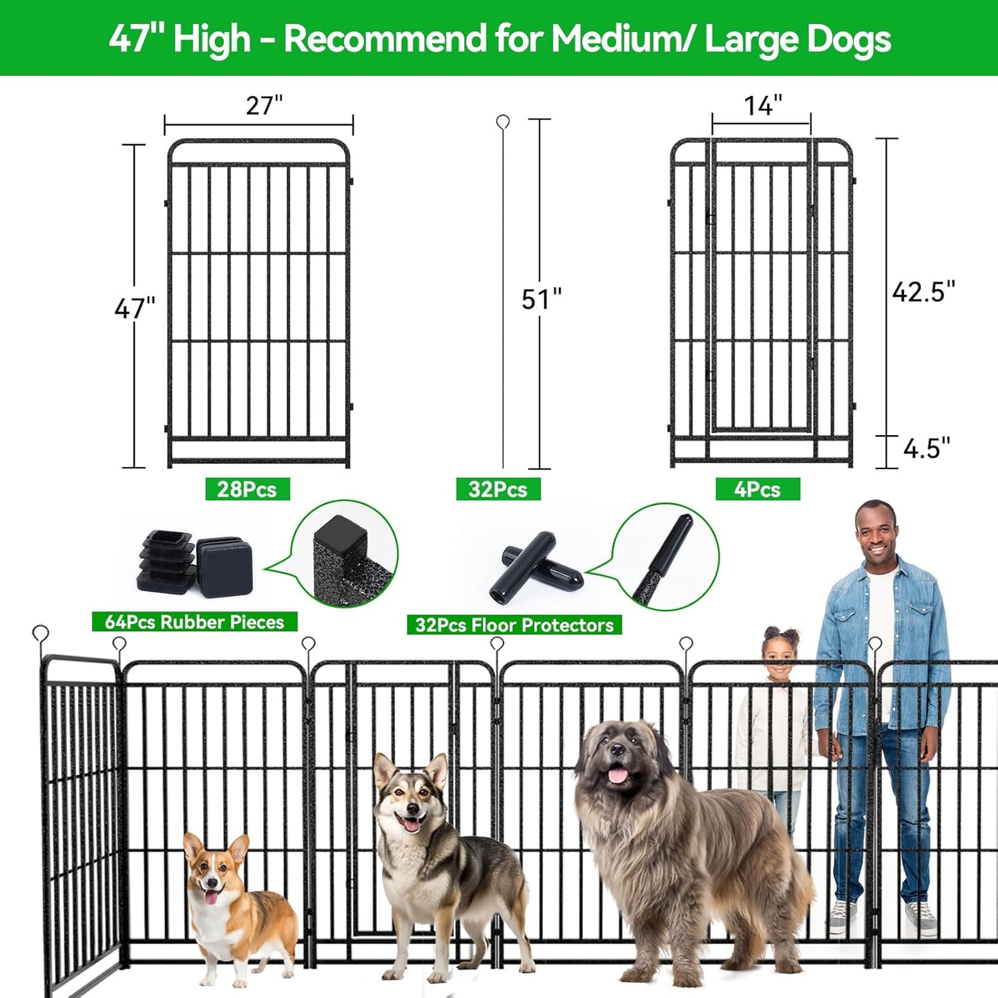 Dog Playpen Outdoor 32 Panels Heavy Duty Dog Fence 47" Height with Thick Pipe Anti-Rust with Doors Portable for RV Camping Yard, Total 71FT, 406 Sq.ft, Snowy Black